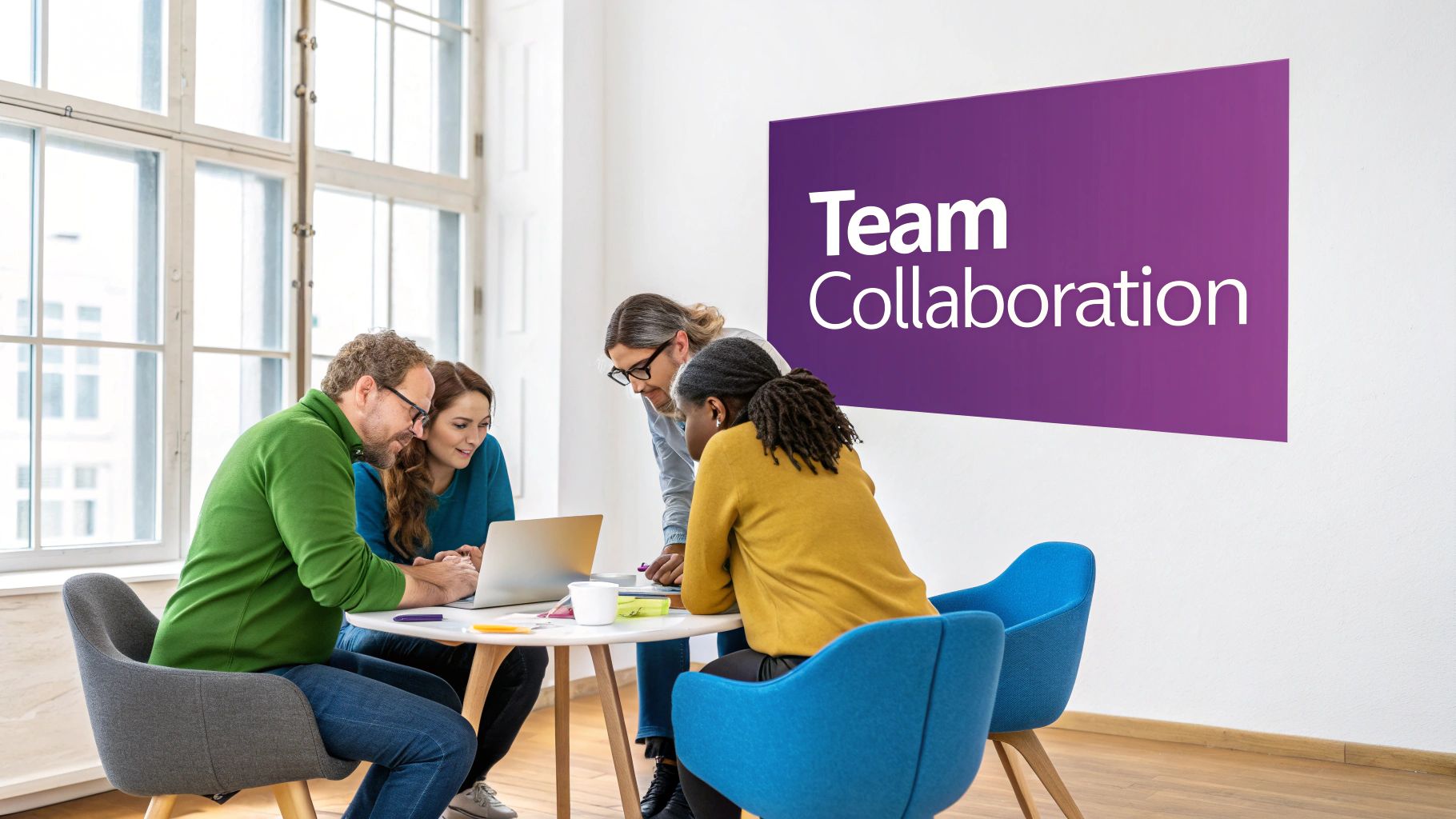 Diverse team of four professionals collaborating around a laptop on a white table in an office setting.