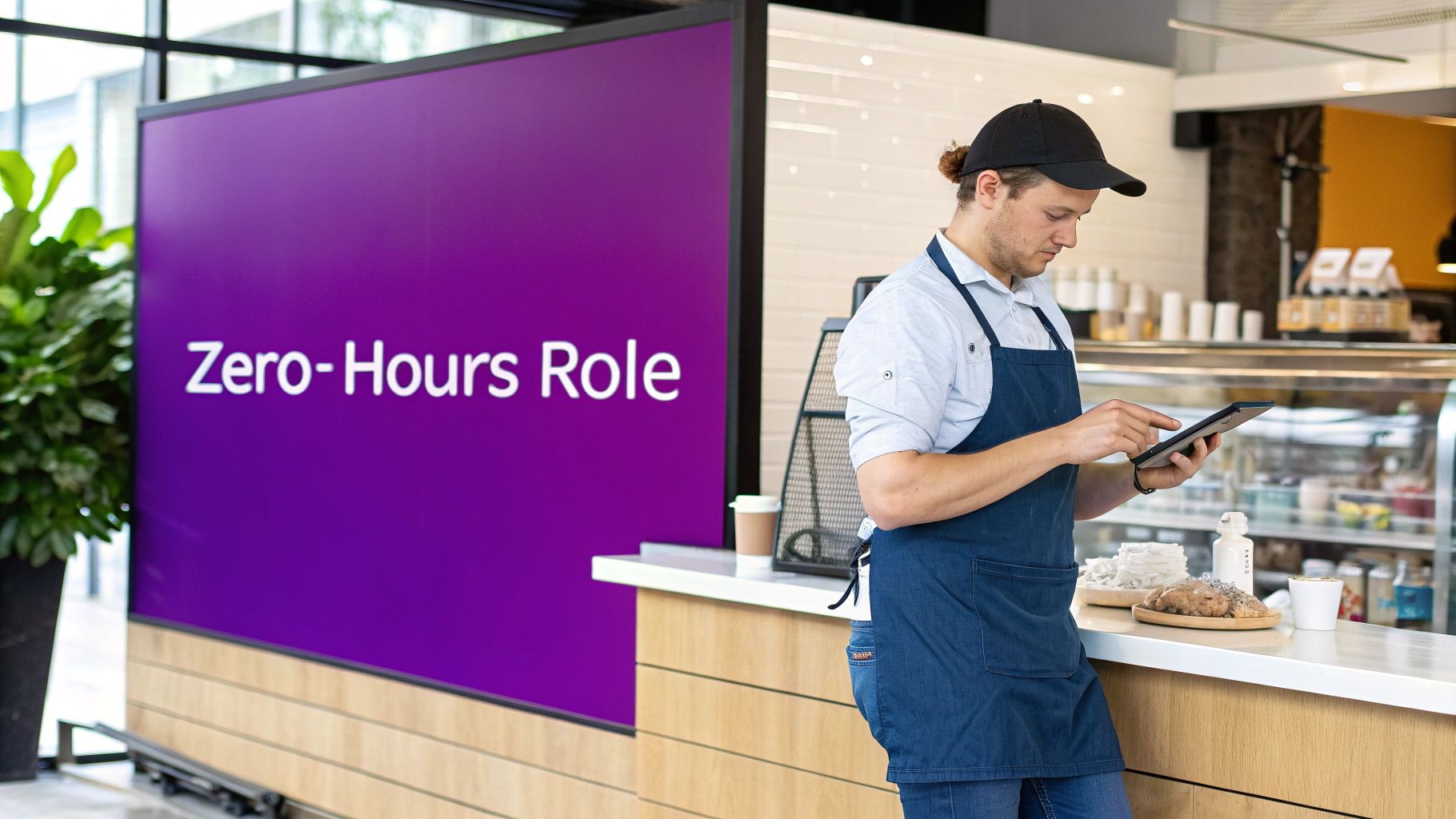 A barista uses a tablet, standing by a large screen displaying "Zero-Hours Role" in a modern cafe setting.