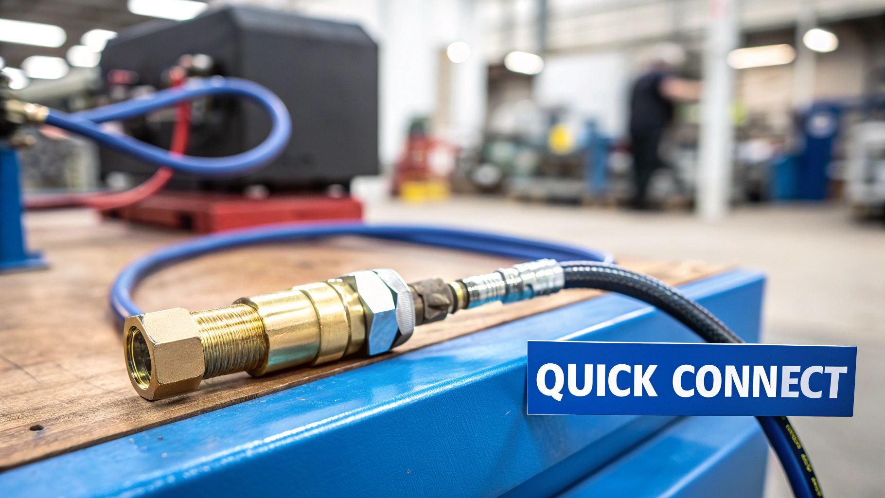 Close-up of a brass quick connect fitting and hose on a wooden workbench in an industrial setting.
