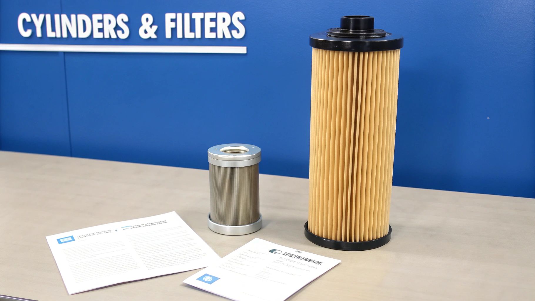 Two industrial filter elements, one large and one small, sit on a table with papers in front of a 'CYLINDERS & FILTERS' sign.