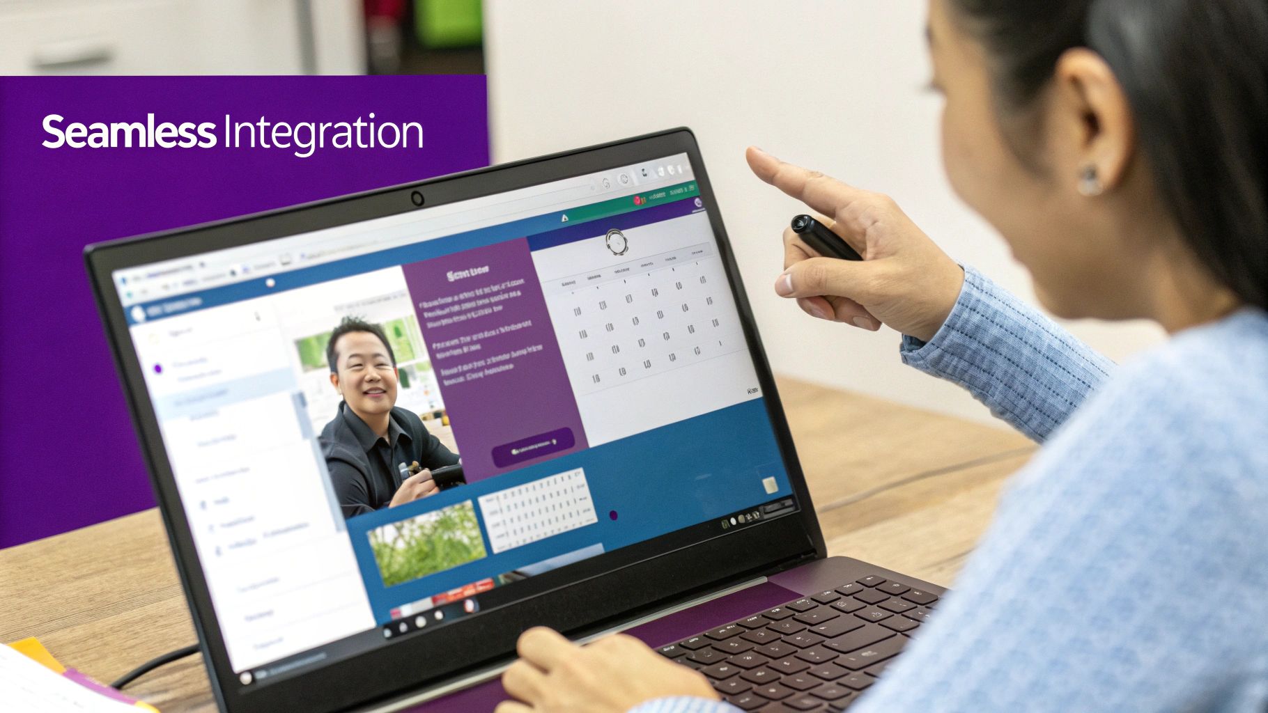 A user points at a laptop screen displaying a software interface with a man's photo and calendar.