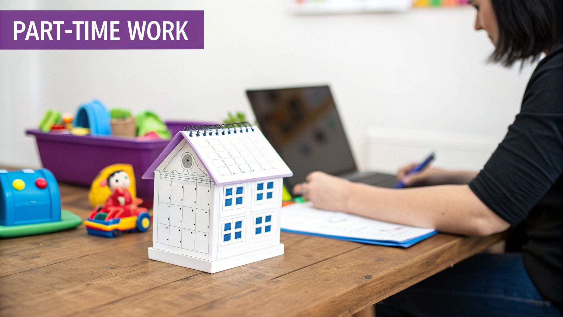 Person working part-time from home on a laptop with children's toys on the table.