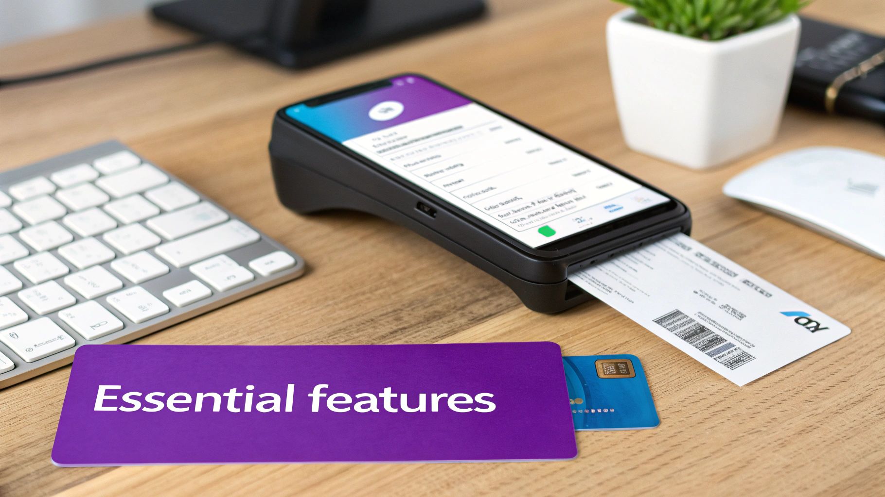 A mobile payment terminal with a smartphone prints a receipt, next to a keyboard and 'Essential features' card.