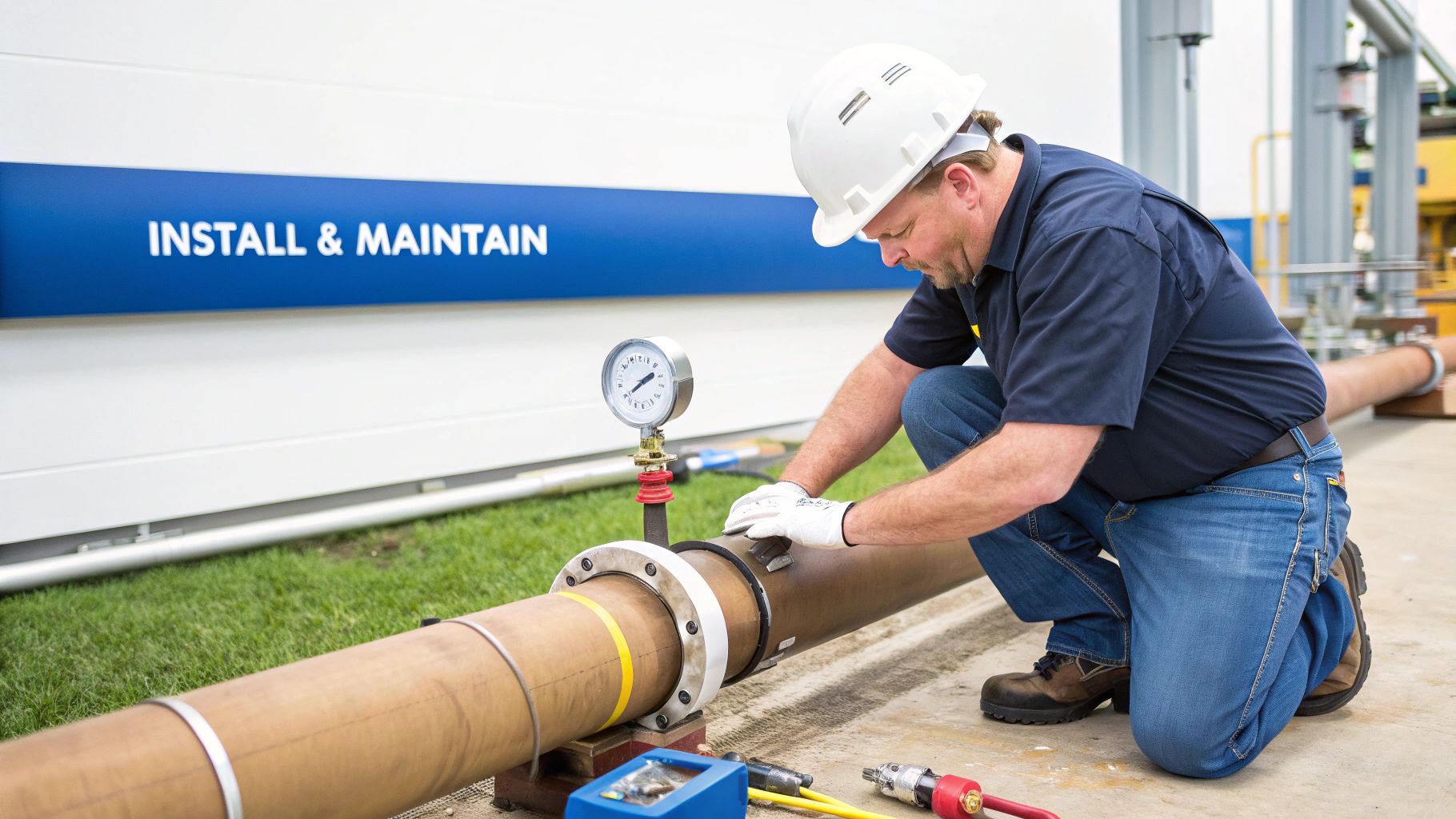 A technician in a hard hat and gloves installs or maintains a hydraulic flow gauge on an industrial pipe.