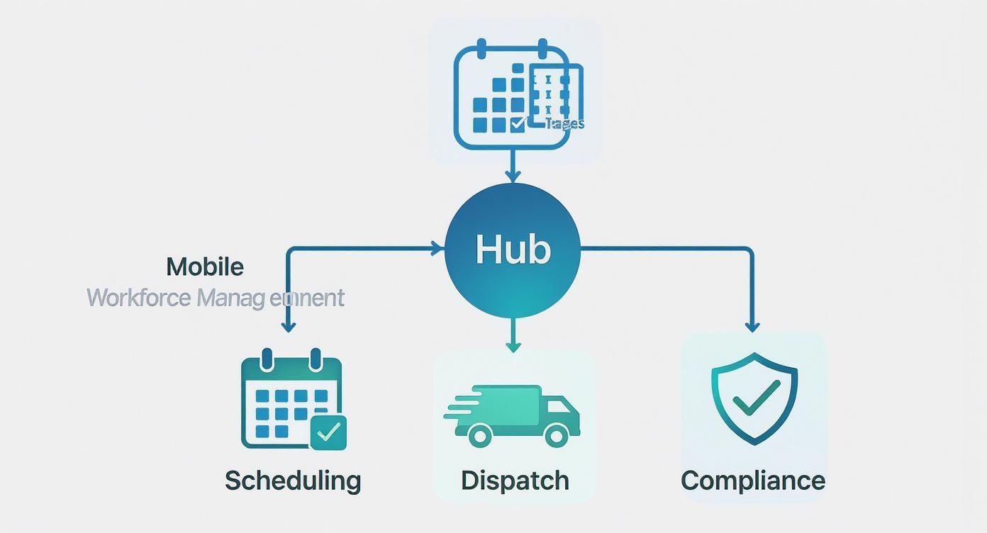 Mobile workforce management hub diagram showing scheduling, dispatch, and compliance integration system