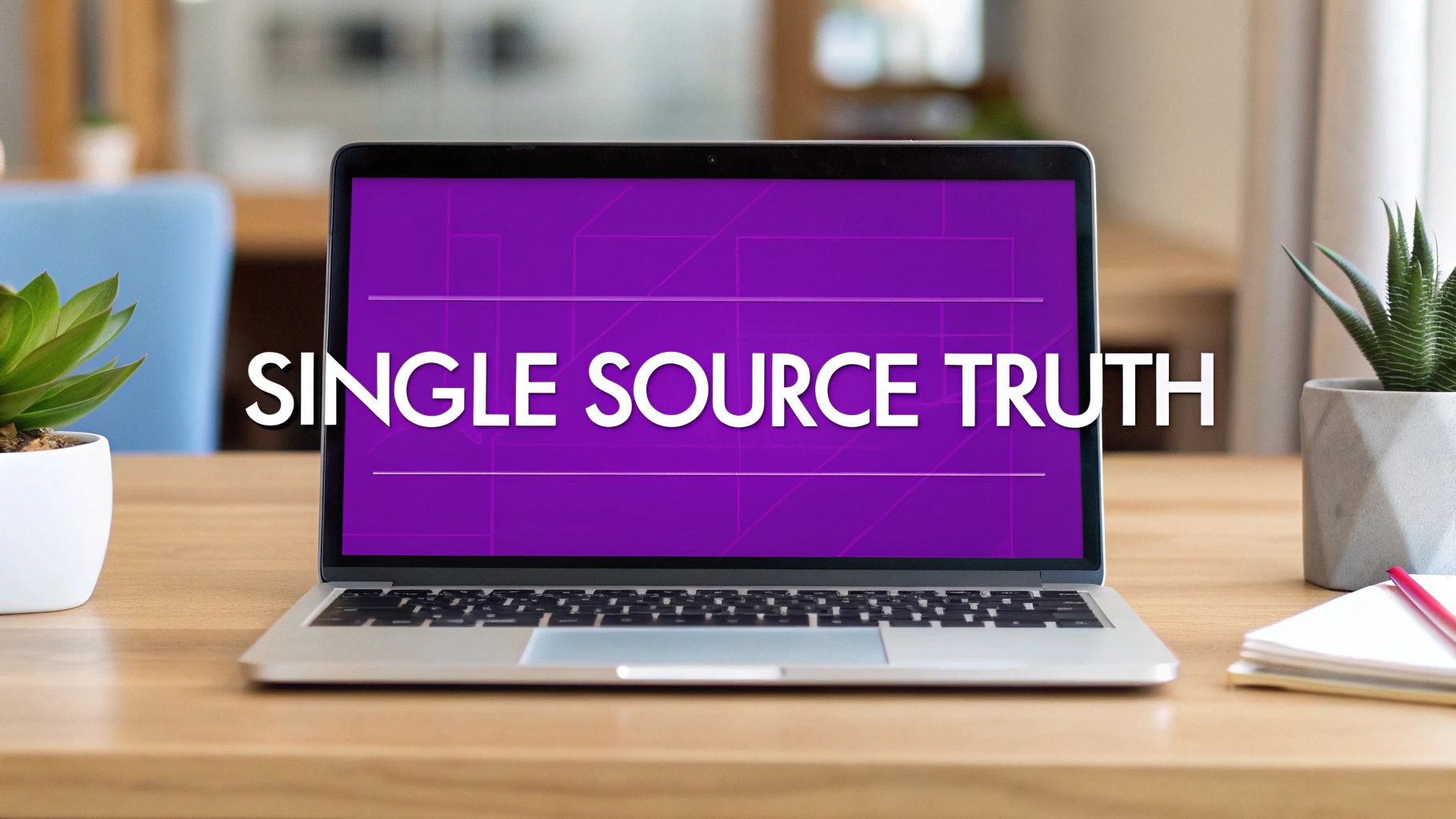 A laptop on a wooden office desk displaying 'SINGLE SOURCE TRUTH' on a vibrant purple screen, with potted plants.