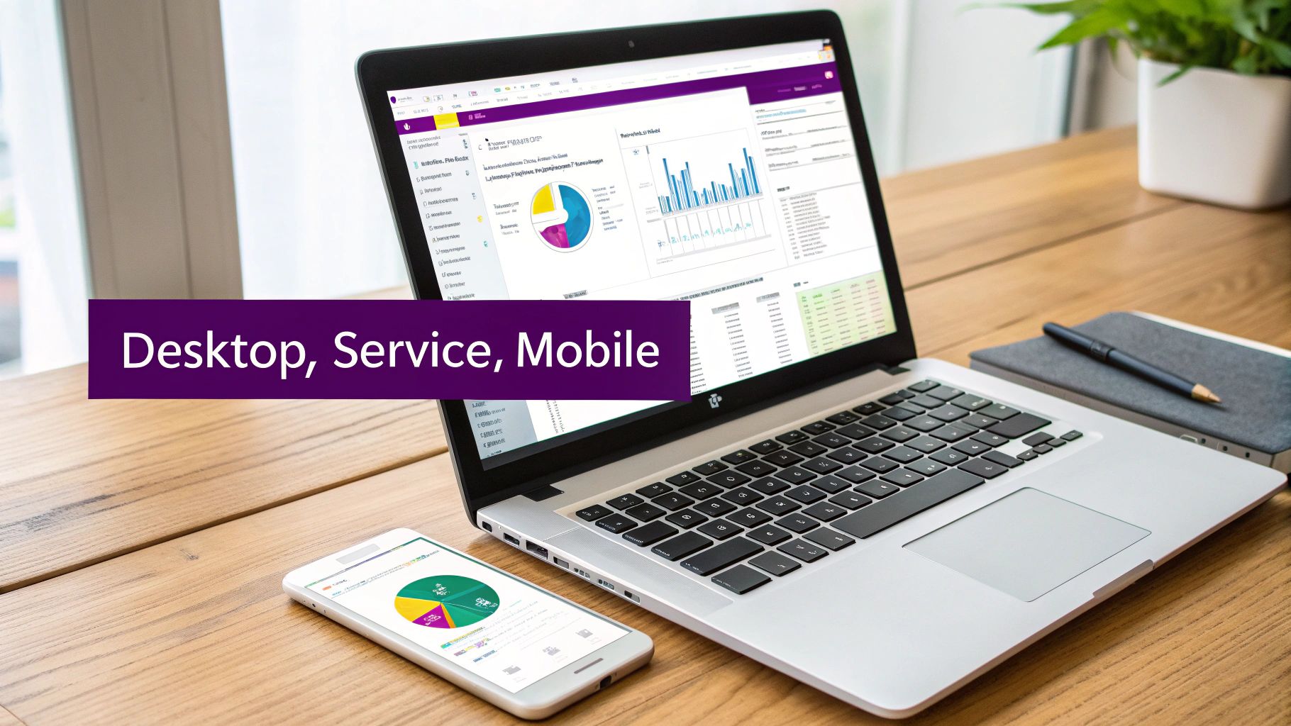 Business intelligence dashboards displayed on a laptop and smartphone, illustrating data access across desktop, service, and mobile platforms.