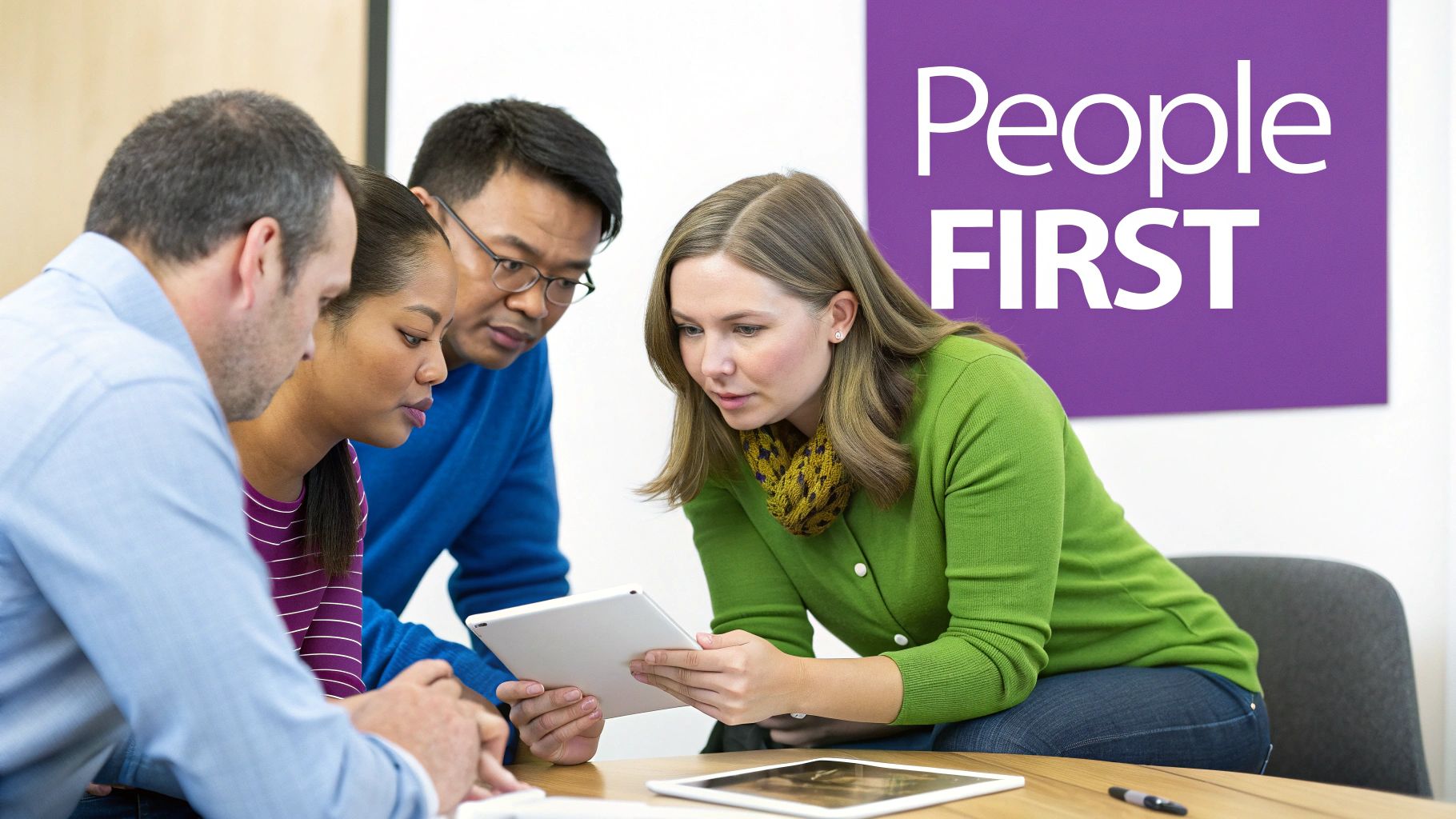 Four diverse colleagues collaboratively reviewing information on tablets in an office setting with a 'People FIRST' sign.