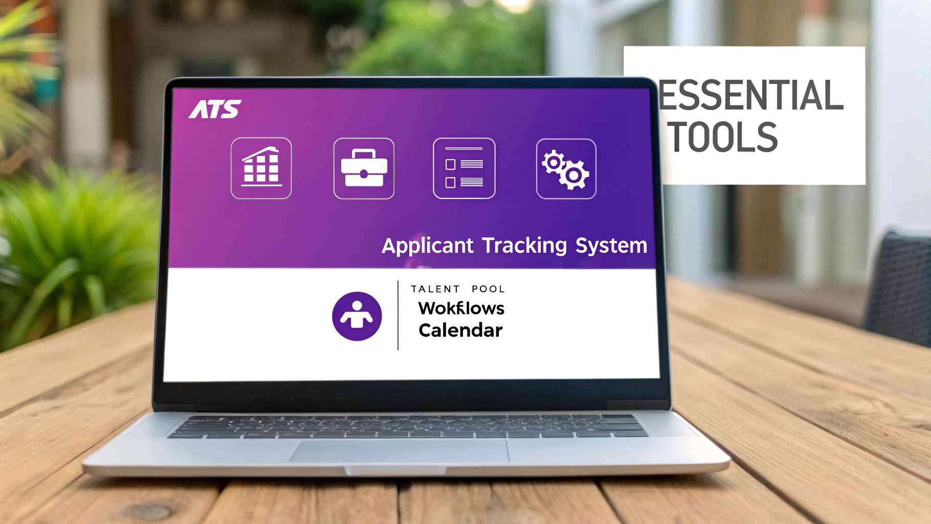 A laptop screen displays an Applicant Tracking System (ATS) dashboard with icons and features like talent pool, workflows, and calendar, highlighting essential tools.