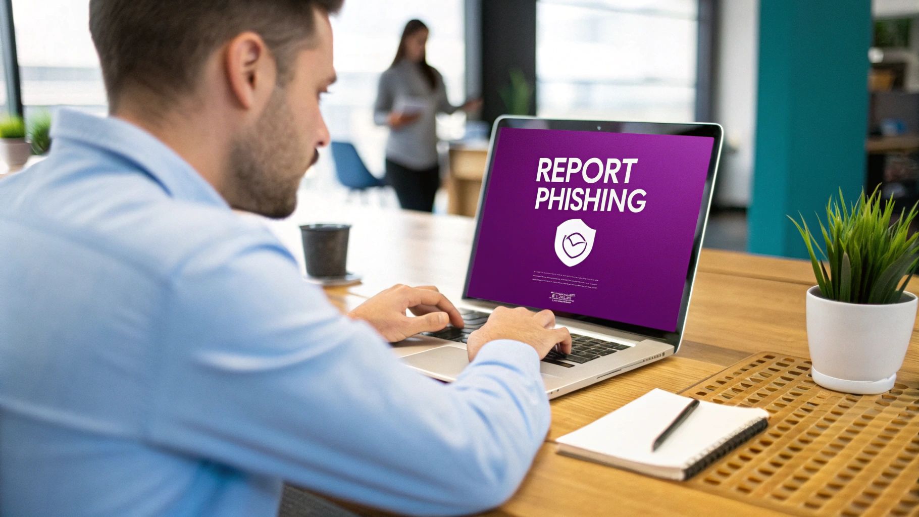 A man typing on a laptop displaying 'REPORT PHISHING' and a shield icon, focusing on email security.