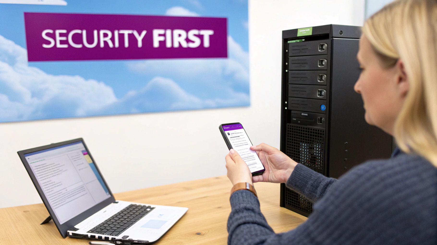 A woman checks her phone next to a server and laptop, with a 'SECURITY FIRST' sign.