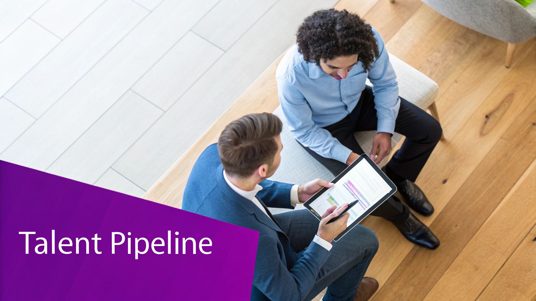 Two professionals review charts on a tablet, with 'Talent Pipeline' text on a purple overlay.