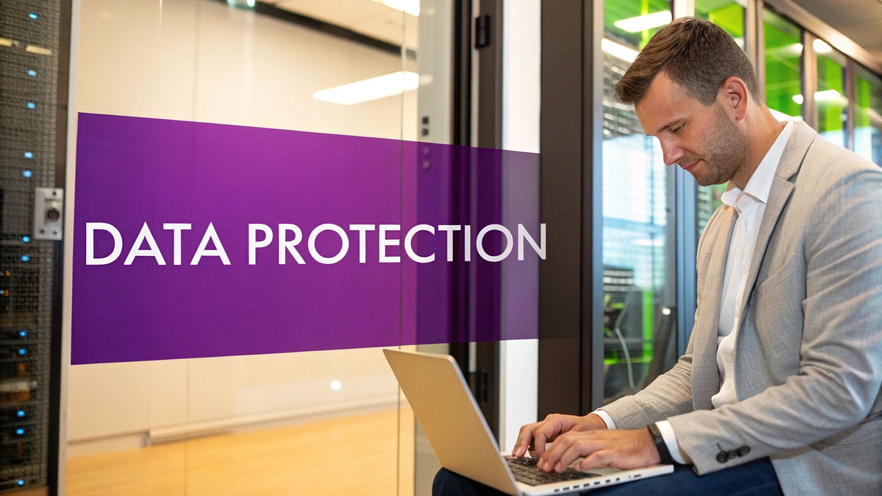 A man in a suit types on a laptop in a data center with a 'DATA PROTECTION' sign.