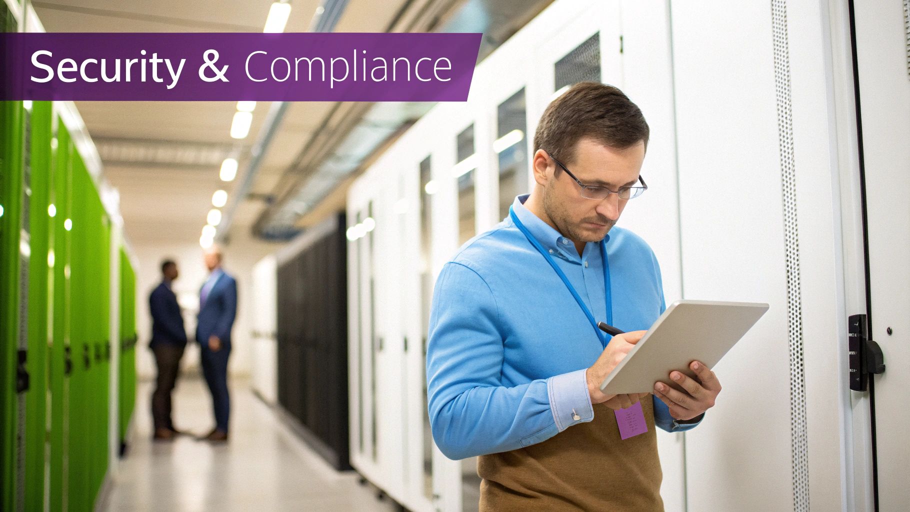 A stylised graphic showing cloud icons connecting to business operations like laptops and servers.