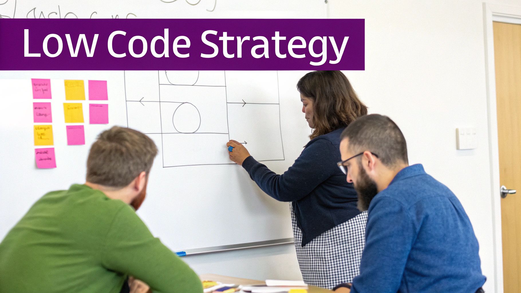 A team collaborating around a computer, symbolising a low code strategy meeting.