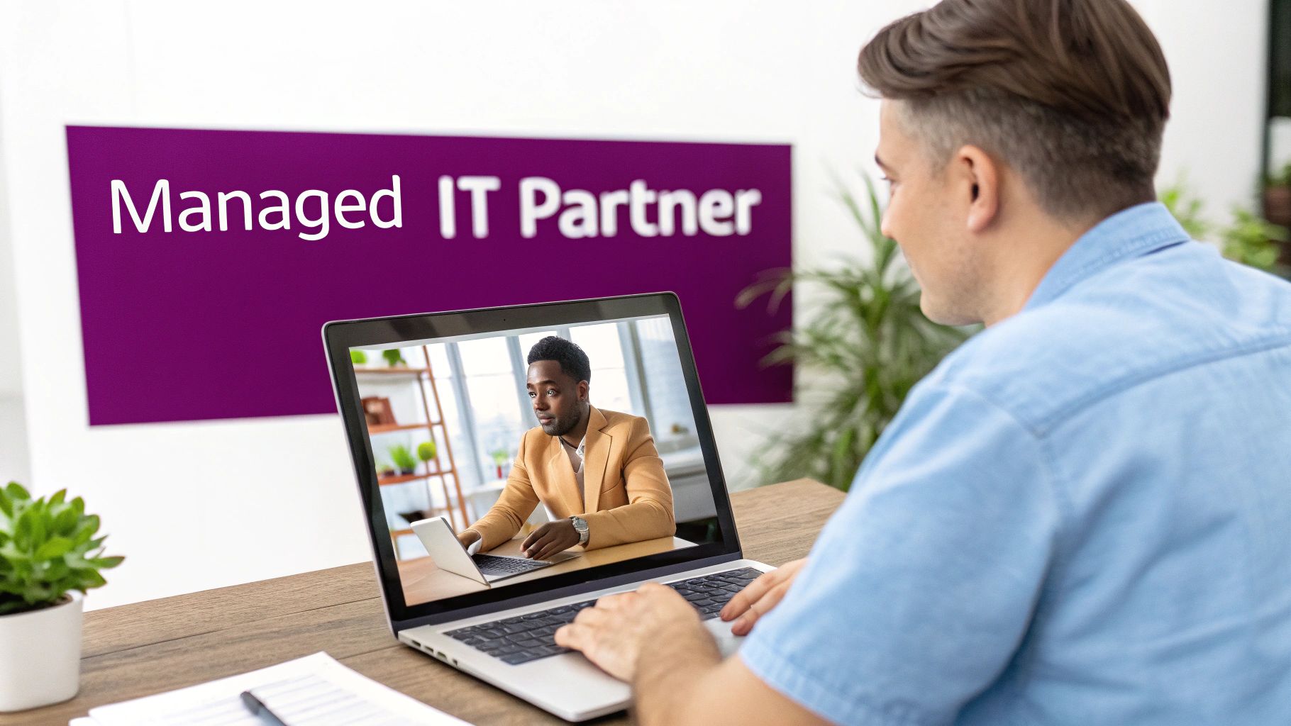A man on a video call with an IT partner, 'Managed IT Partner' sign in background.