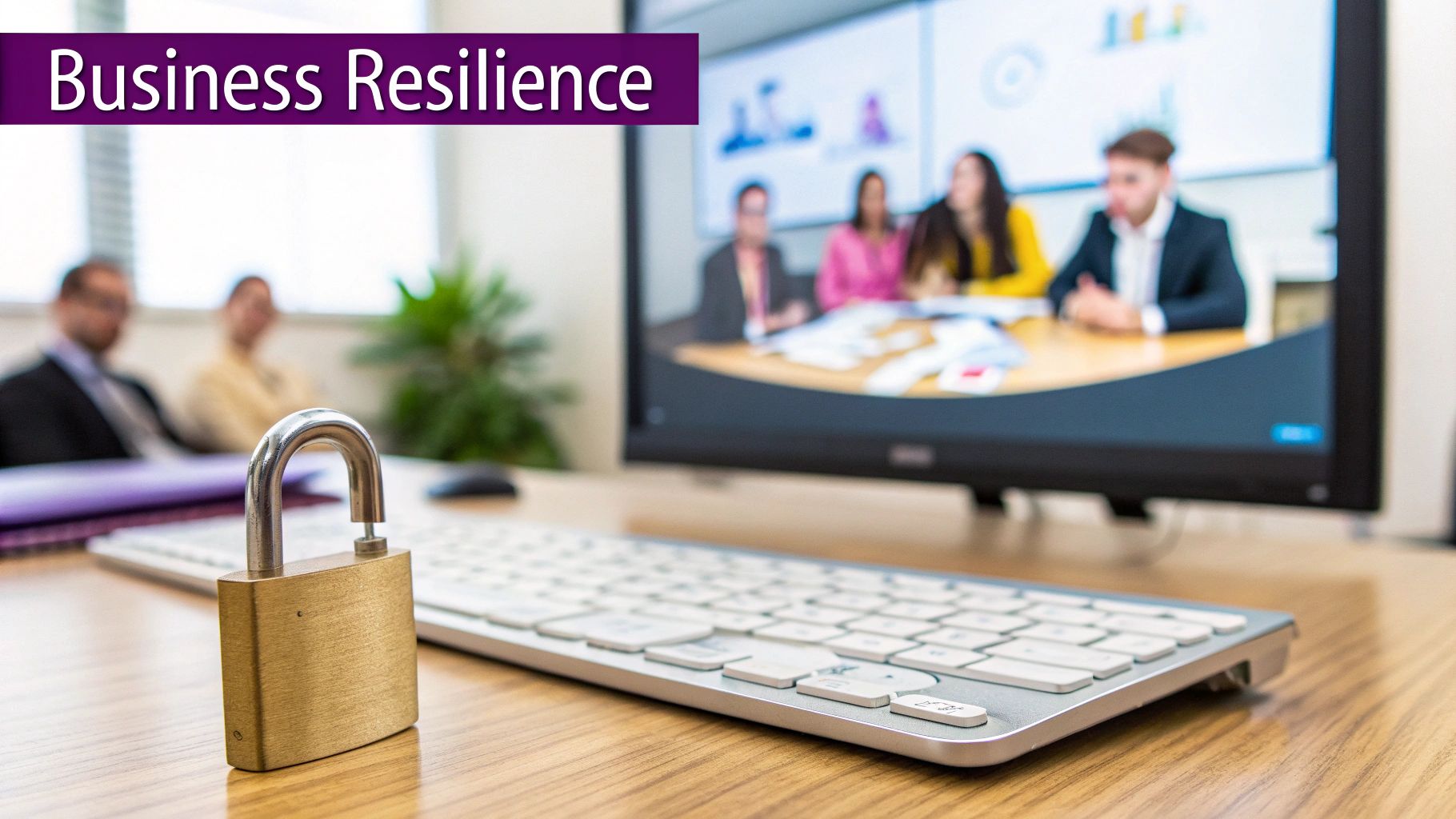 An office desk with a padlock and keyboard, a monitor displays a business meeting, emphasizing resilience.