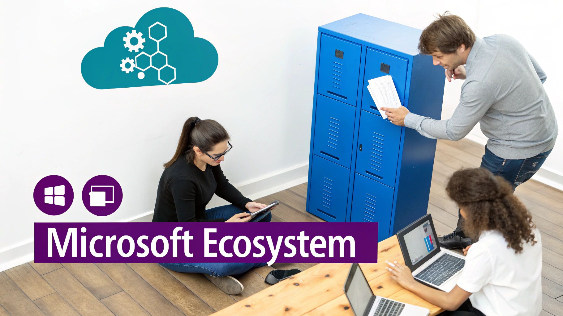 Three people working with laptops and tablets in a modern office, illustrating the Microsoft ecosystem.