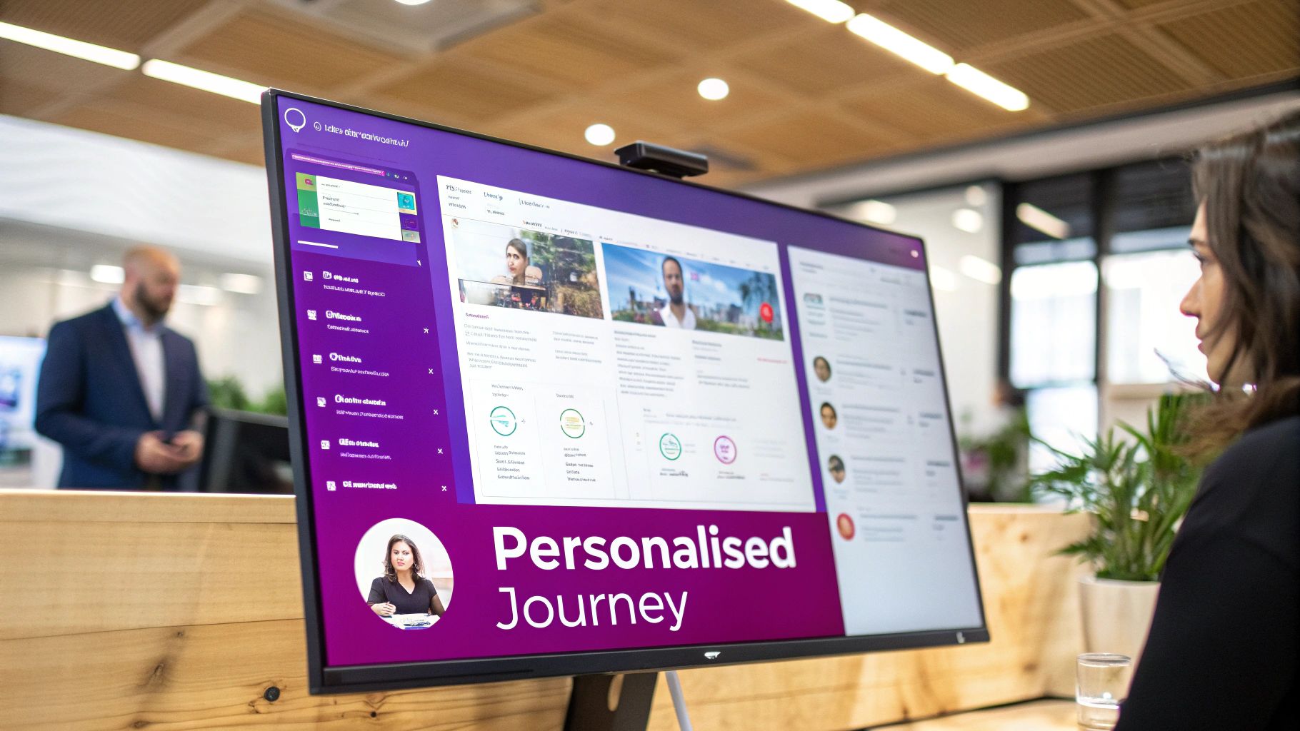 Woman viewing a large monitor displaying a 'Personalised Journey' HR software dashboard in an office.