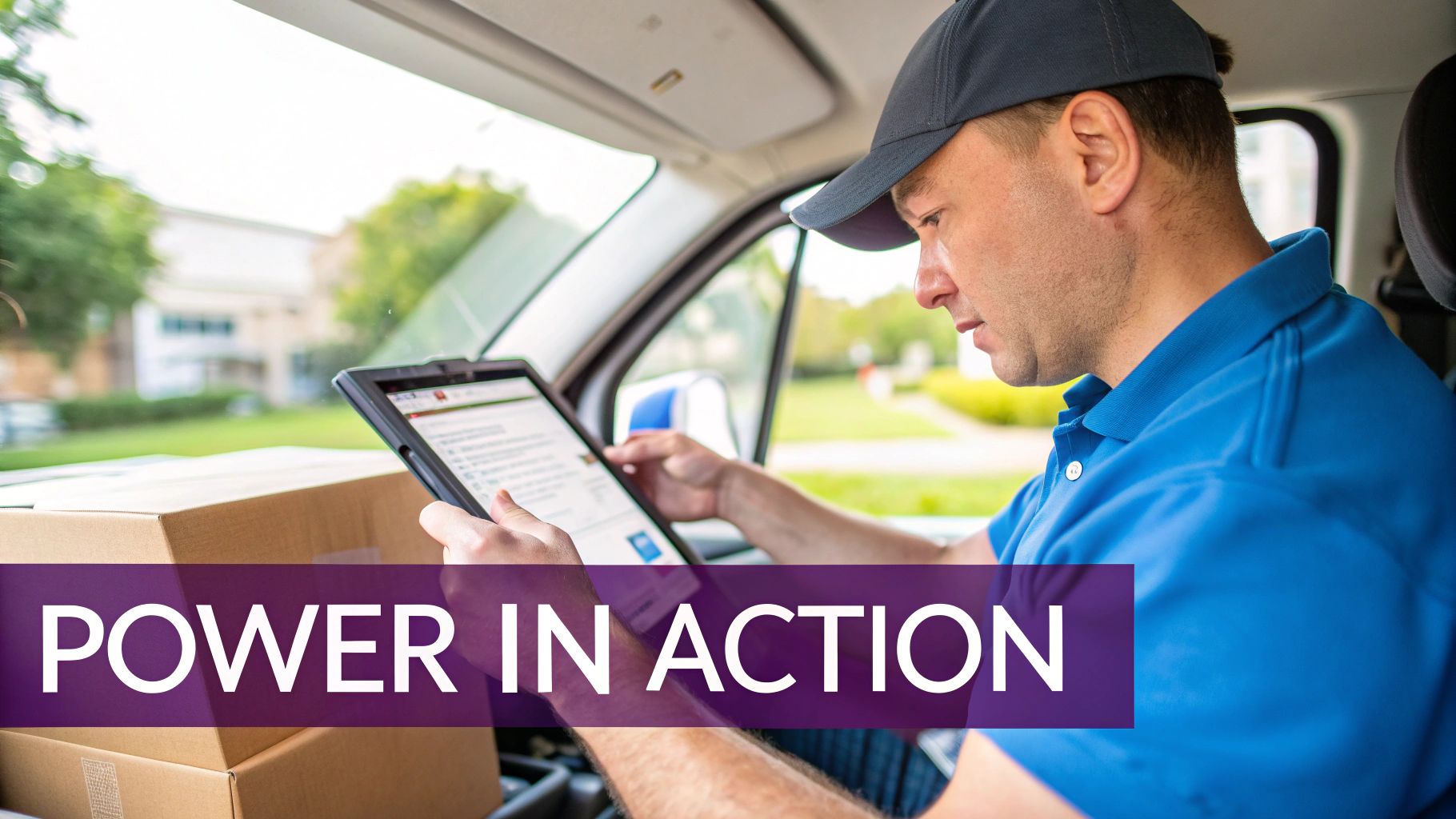 A delivery driver uses a tablet device inside his vehicle next to cardboard packages.