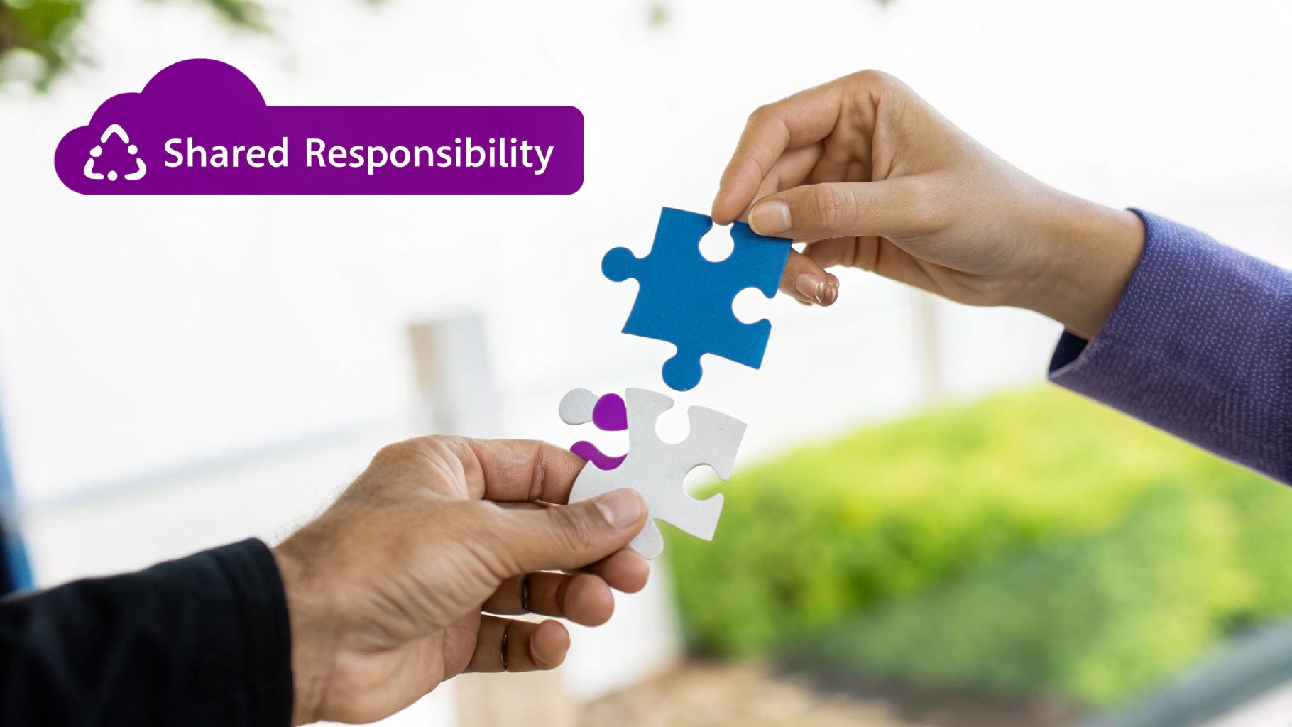 Two hands connecting puzzle pieces, emphasizing shared responsibility and collaborative teamwork.
