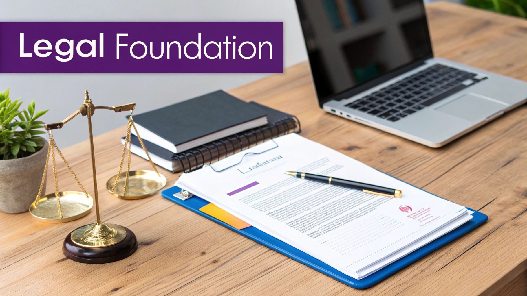 A professional legal workspace featuring scales of justice, documents, a laptop, and a "Legal Foundation" banner.