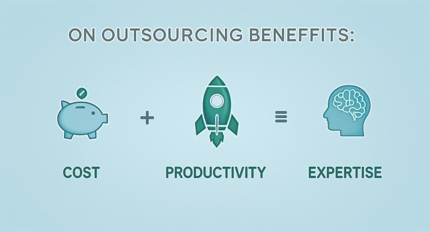 Infographic showing the benefits of outsourcing IT support, with icons for Cost, Productivity, and Expertise.