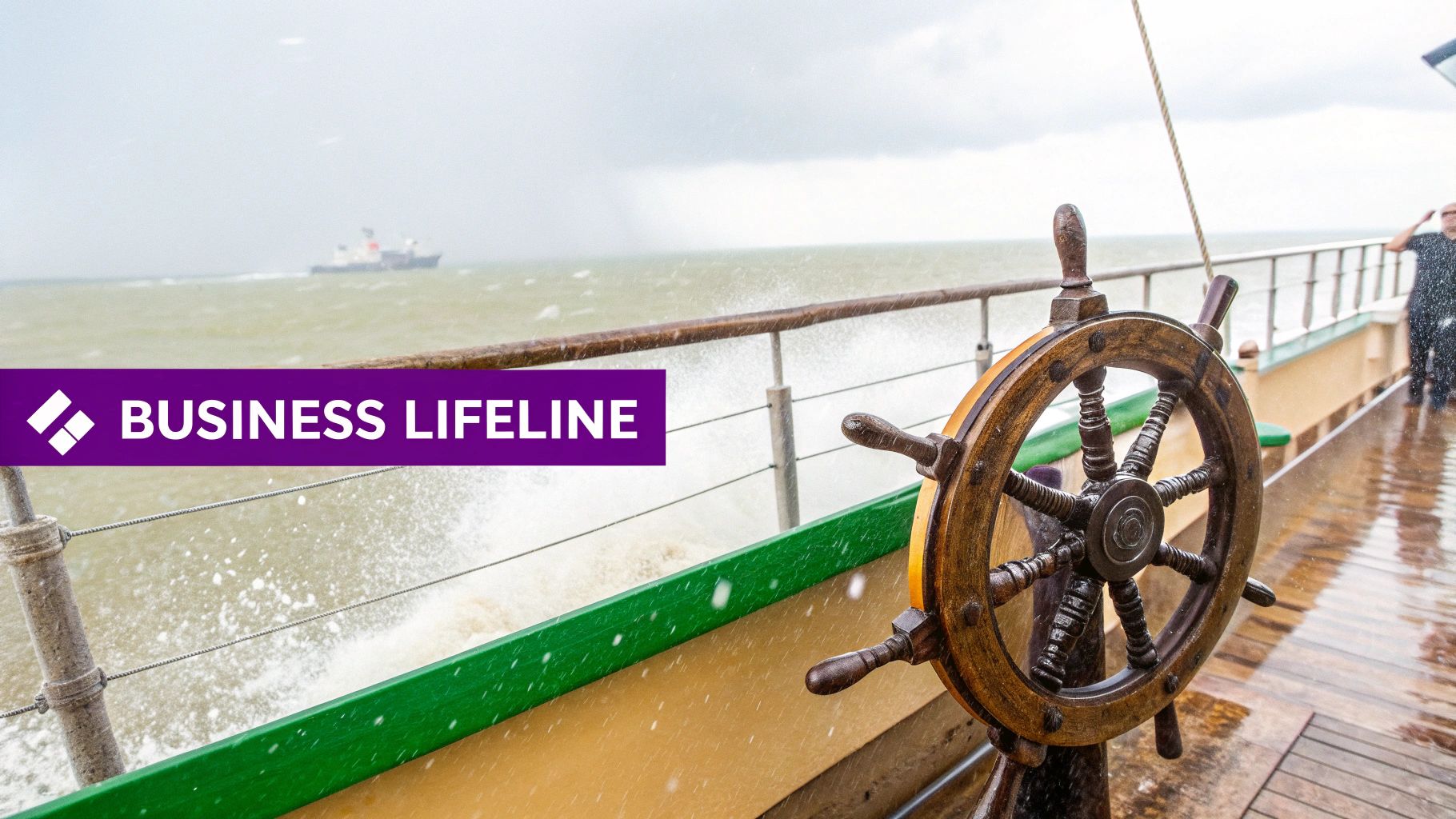 A ship's wheel on a boat deck during a stormy, rainy day at sea, with 'BUSINESS LIFELINE' text.