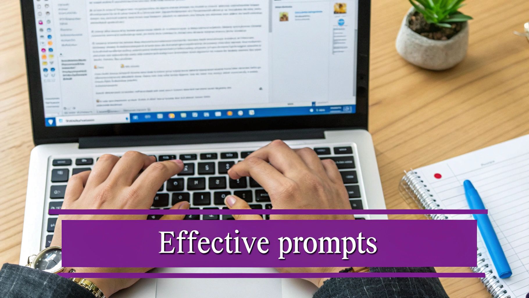 Person typing on a laptop, with a screen displaying text and a purple banner reading 'Effective prompts'.