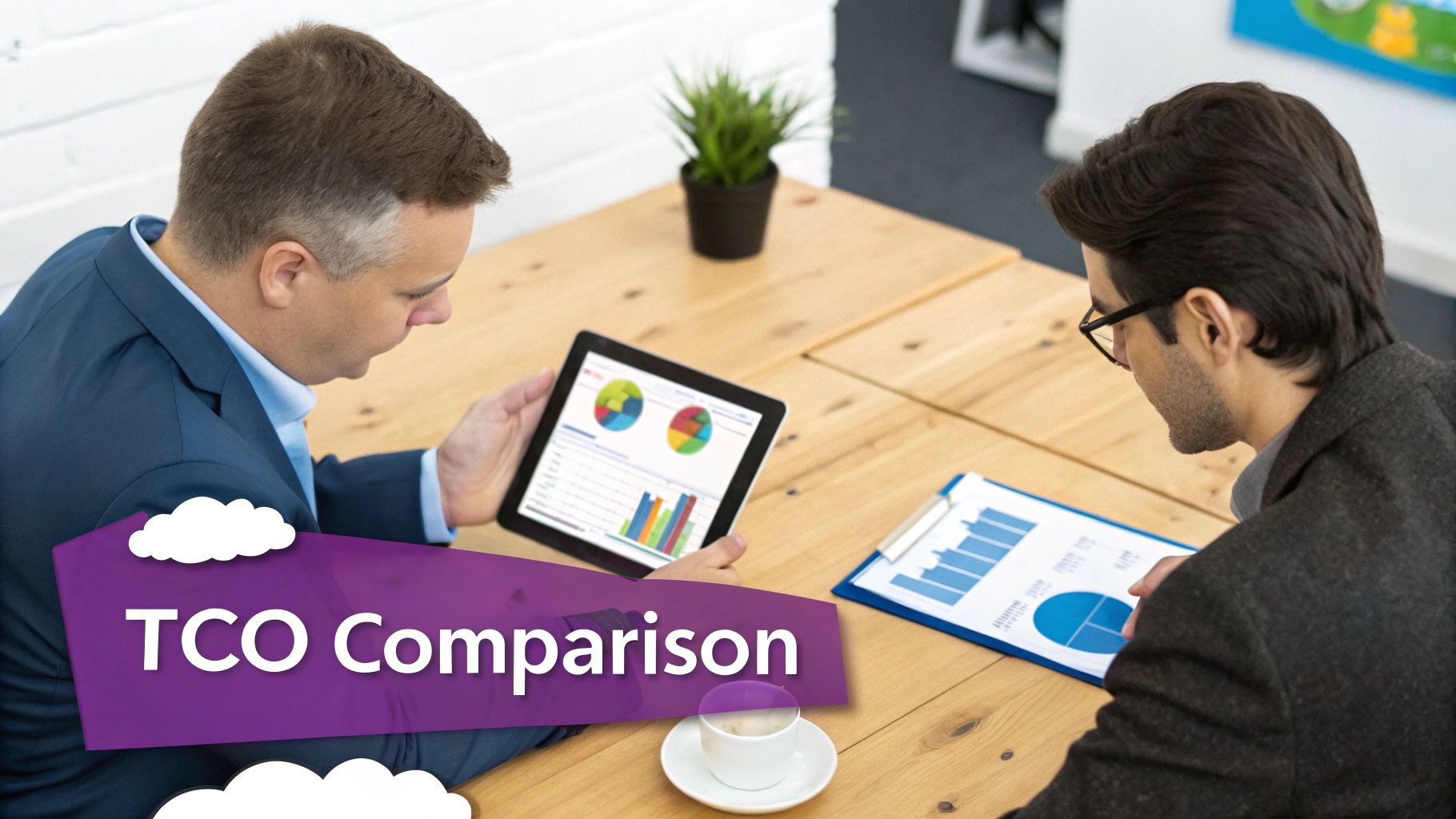 Two businessmen comparing TCO data on a tablet and clipboard, analyzing charts and graphs.