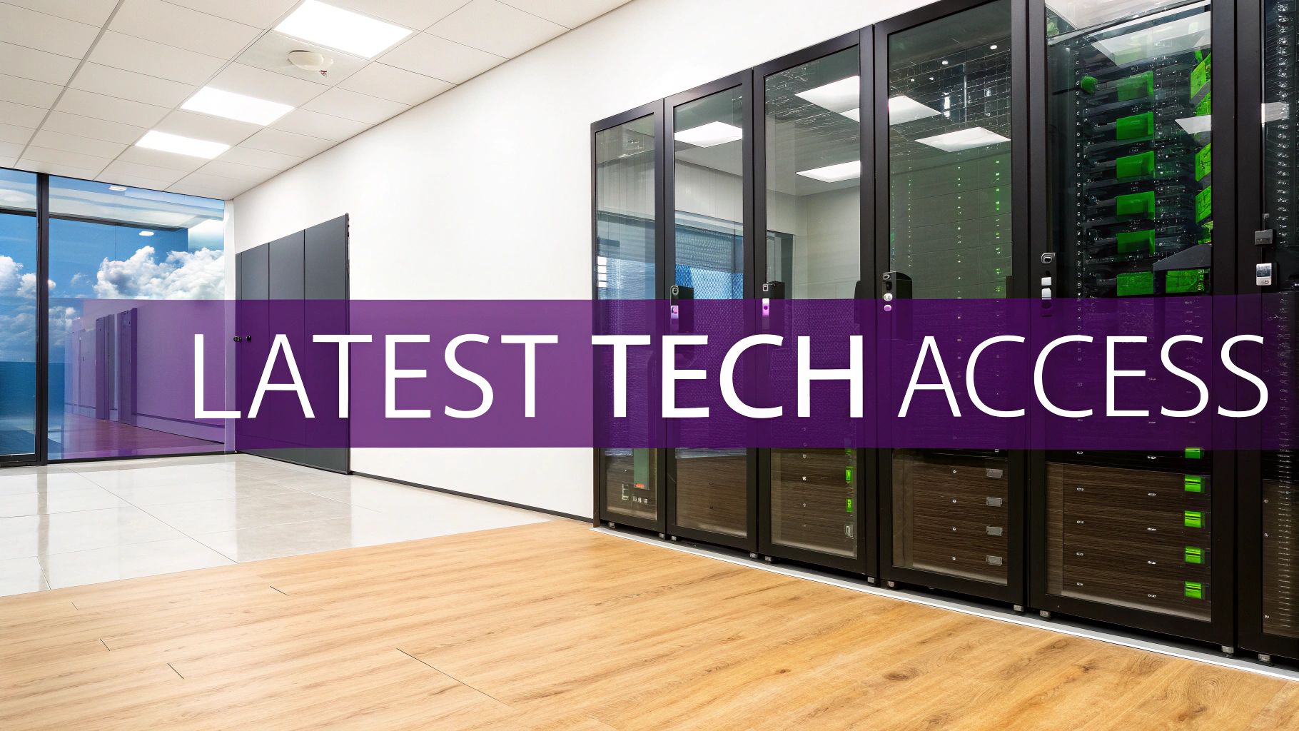 Modern data center with server racks, large windows, and 'LATEST TECH ACCESS' text overlay.