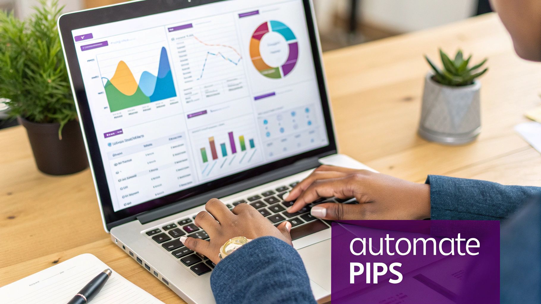 A modern office setting showing a computer screen with Dynamics 365 dashboards.
