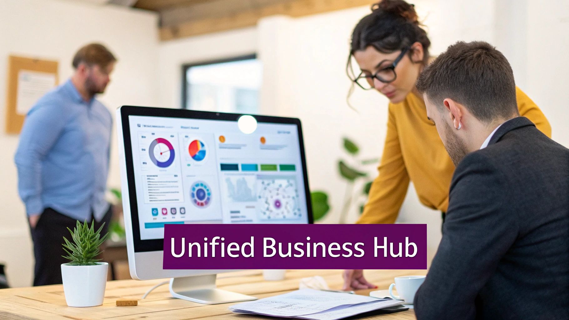 Business professionals analyzing colorful data dashboard displaying charts and analytics on computer monitor