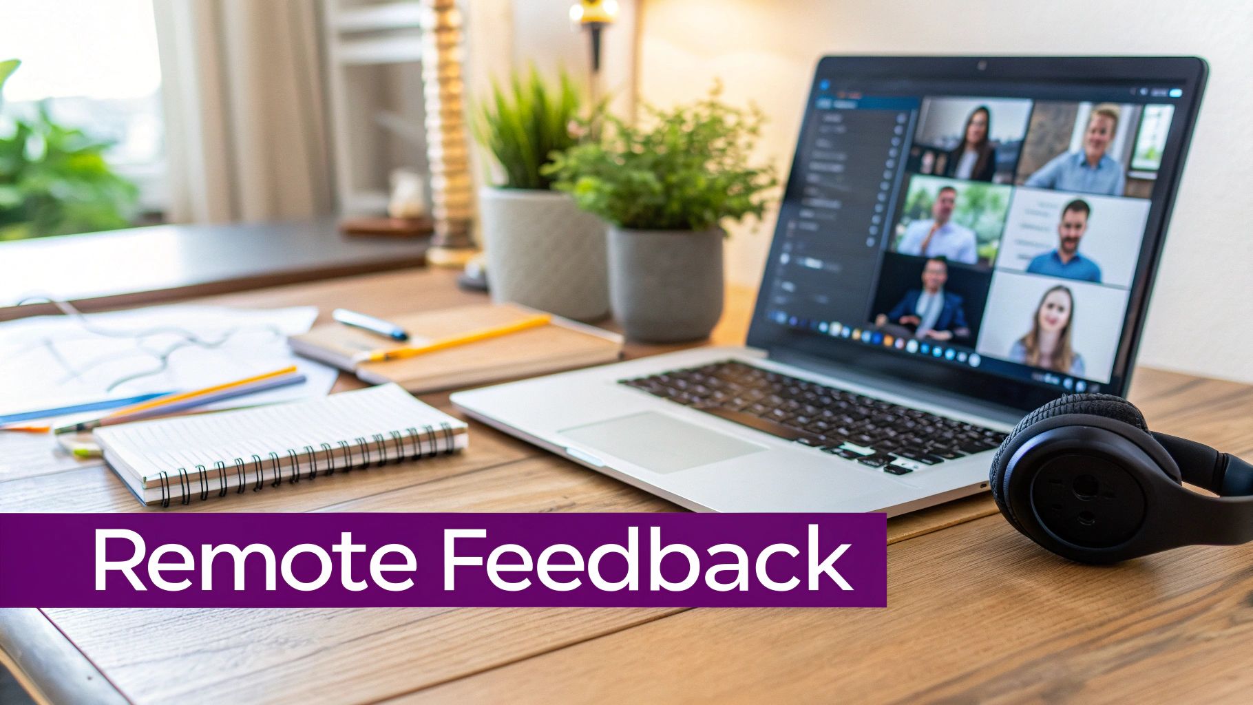 A laptop on a wooden desk shows a remote video conference with headphones and office supplies, highlighting 'Remote Feedback'.