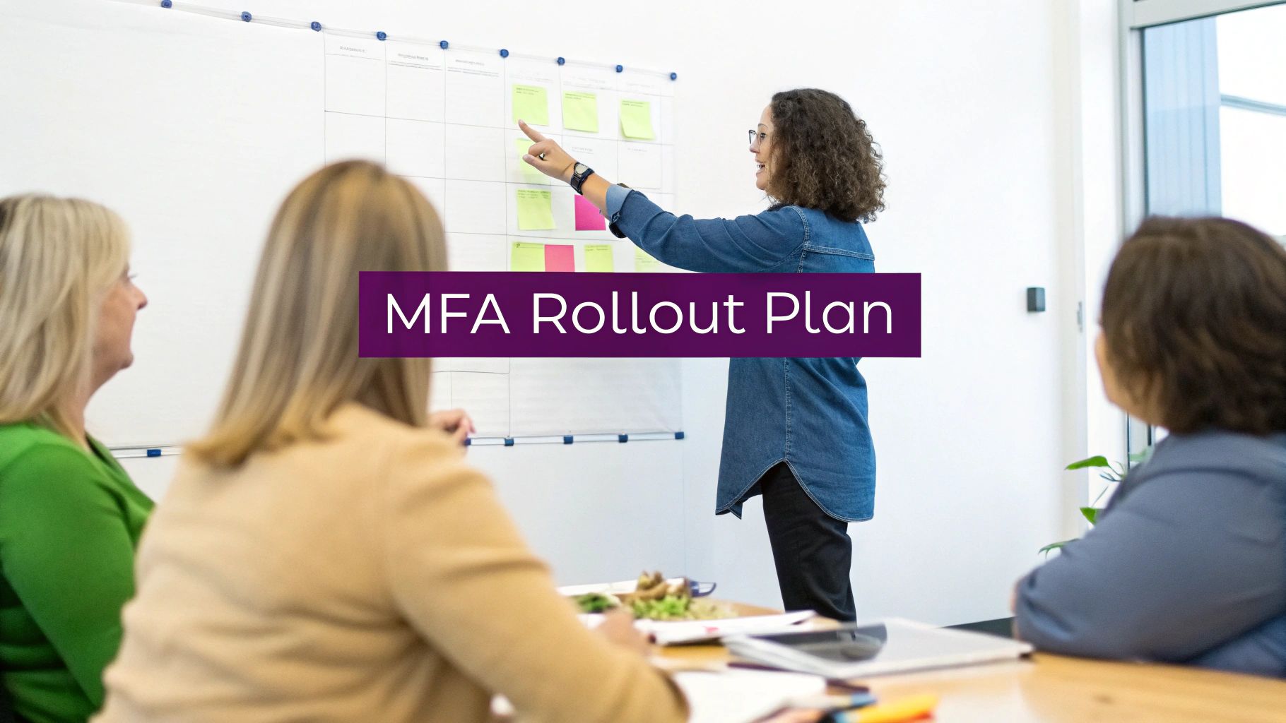 A woman points at a whiteboard with sticky notes during a business meeting about an MFA rollout plan.