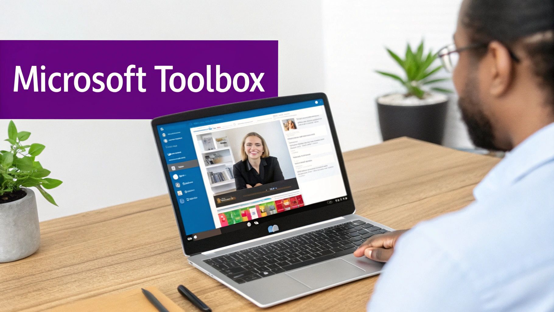 Person using laptop for Microsoft Toolbox video conference call at wooden desk with plants