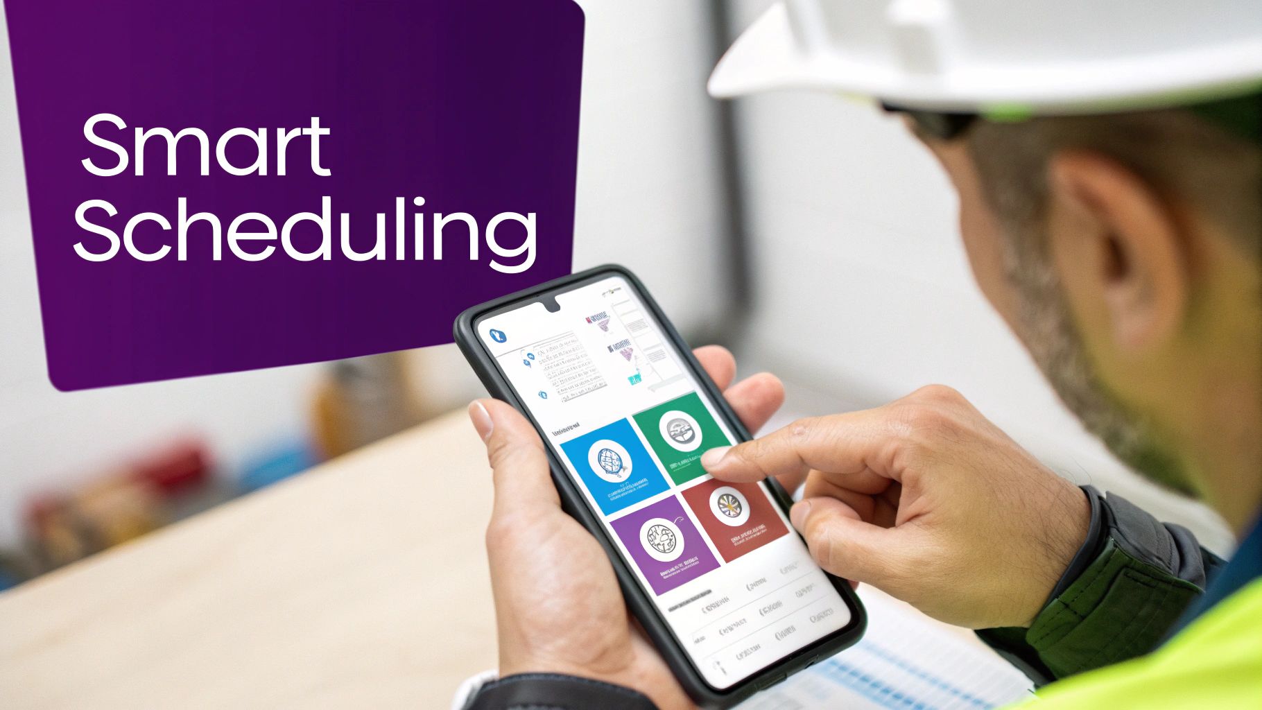 A UK field technician reviewing work order details on a mobile tablet.