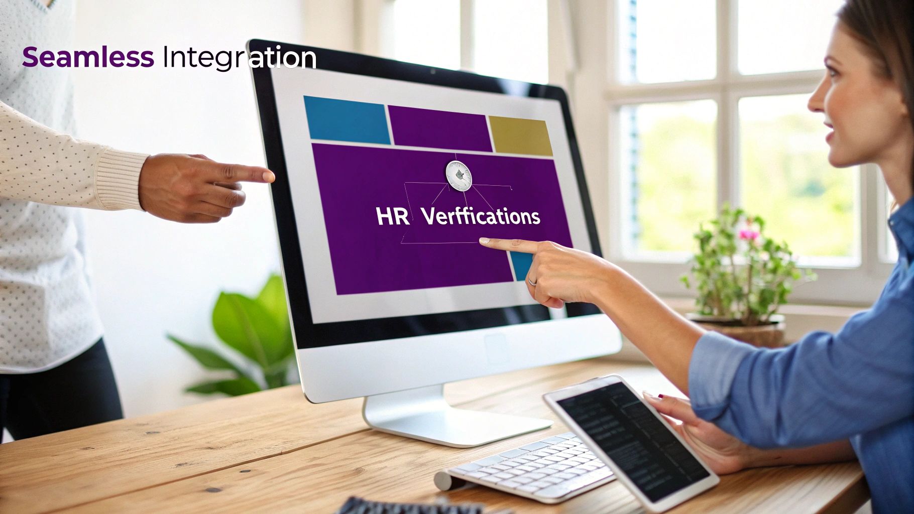Two people collaborating on a computer screen displaying 'HR Verifications' and 'Seamless Integration'.