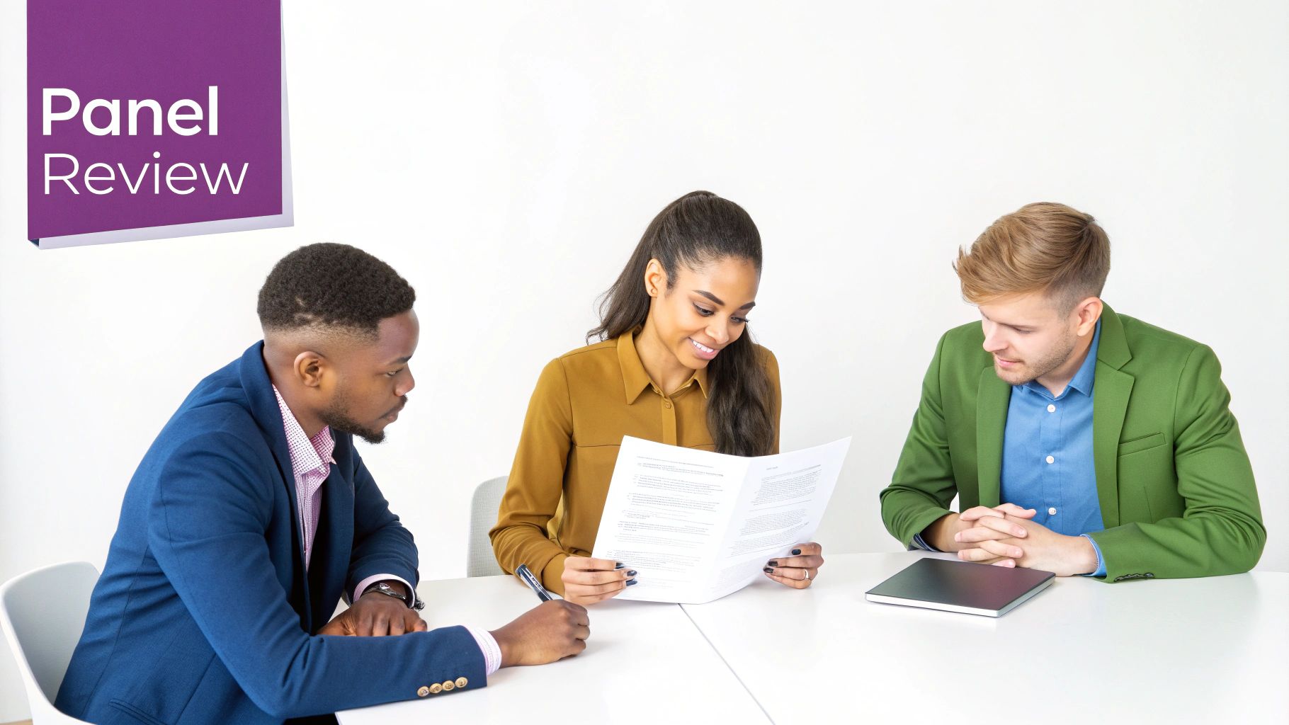 Three diverse professionals, two men and one woman, conducting a panel review around a white table.