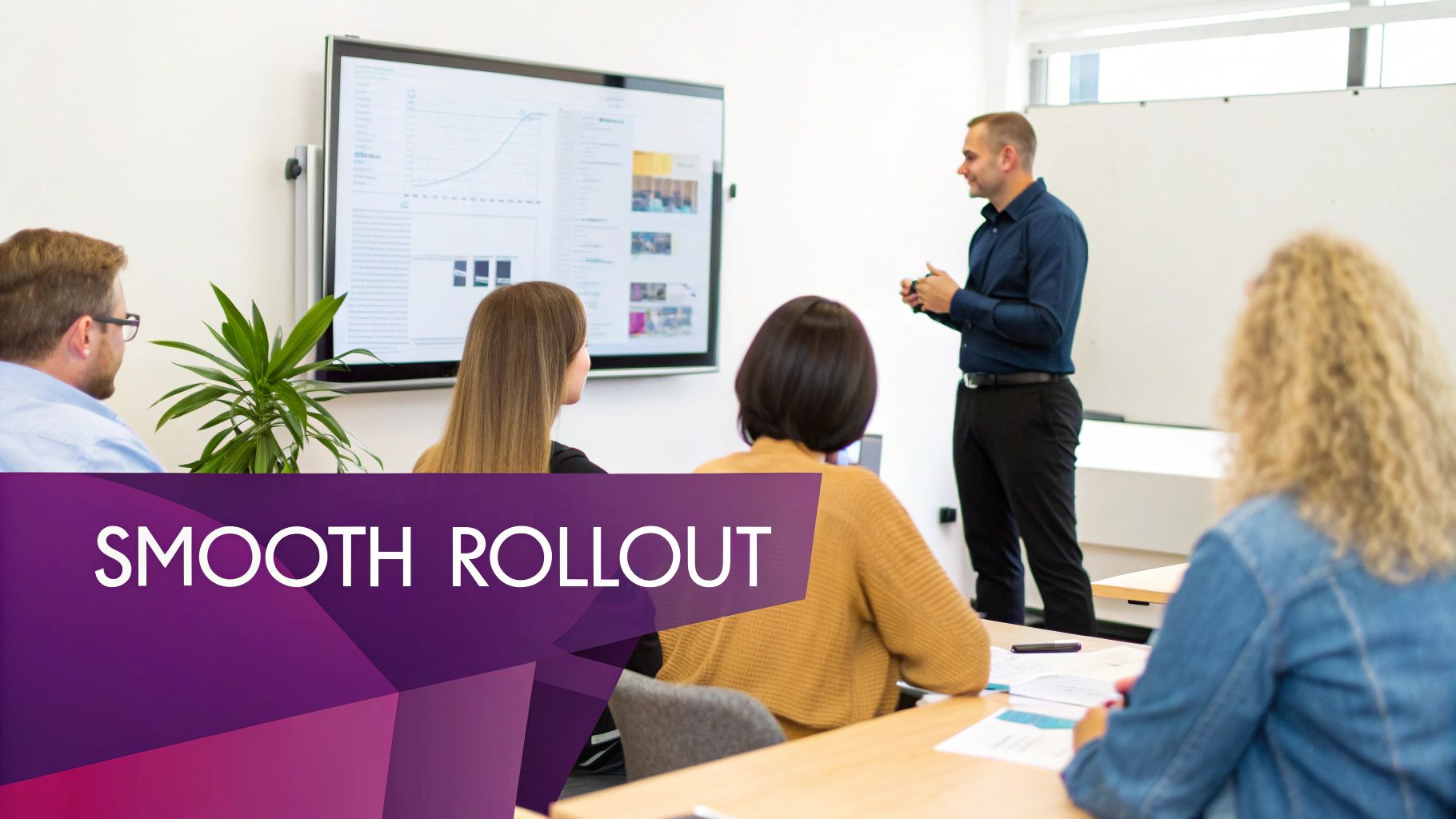 A man presents data on a large screen to colleagues in a modern office meeting.