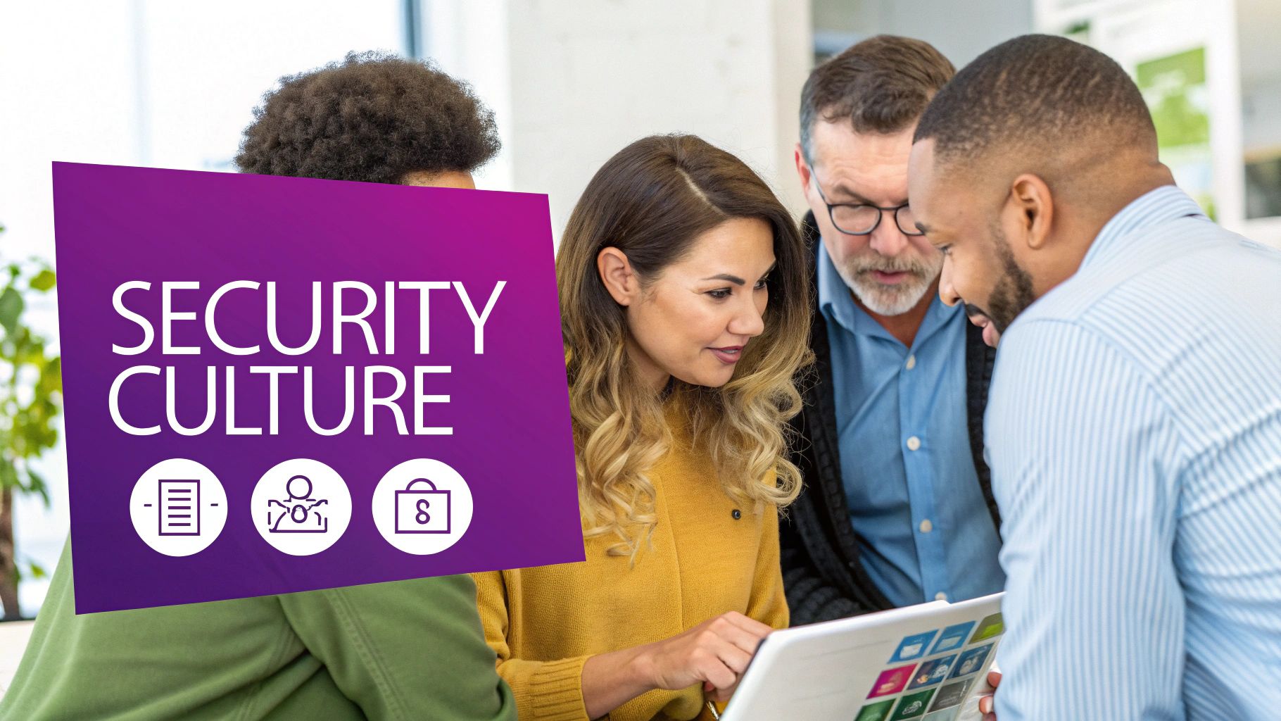 A diverse group of four professionals reviewing "SECURITY CULTURE" content on a tablet.