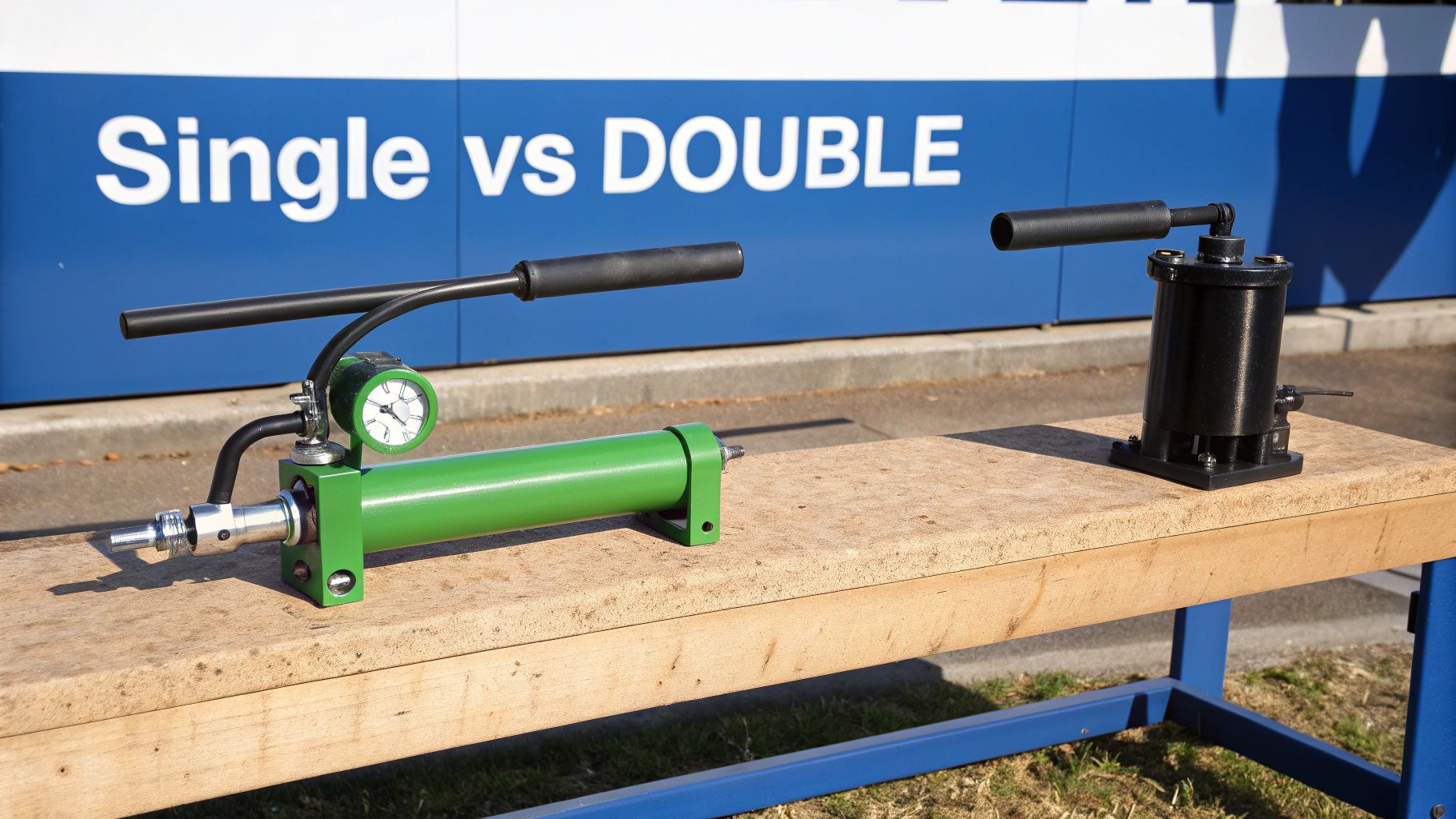 Green and black hydraulic hand pumps displayed on a wooden bench against a blue 'Single vs DOUBLE' sign.