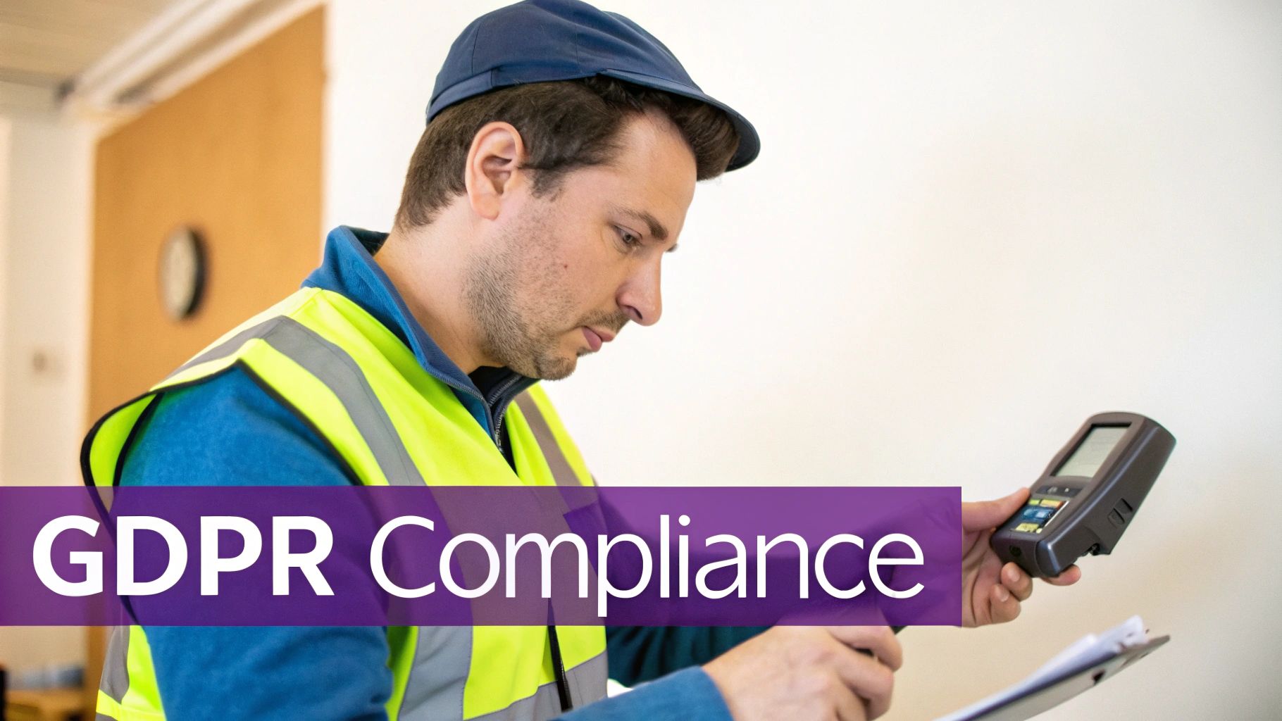 Worker in high-visibility vest using handheld scanner device while reviewing GDPR compliance checklist on clipboard