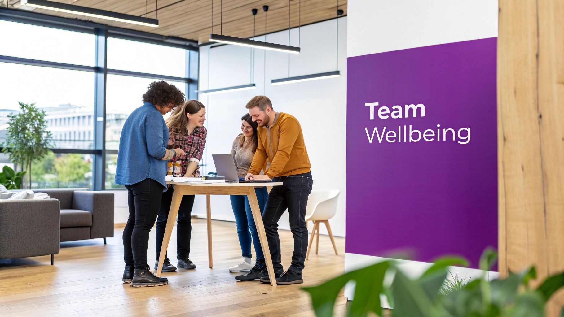 Four smiling colleagues collaborate around a laptop in a modern office with a 'Team Wellbeing' sign.
