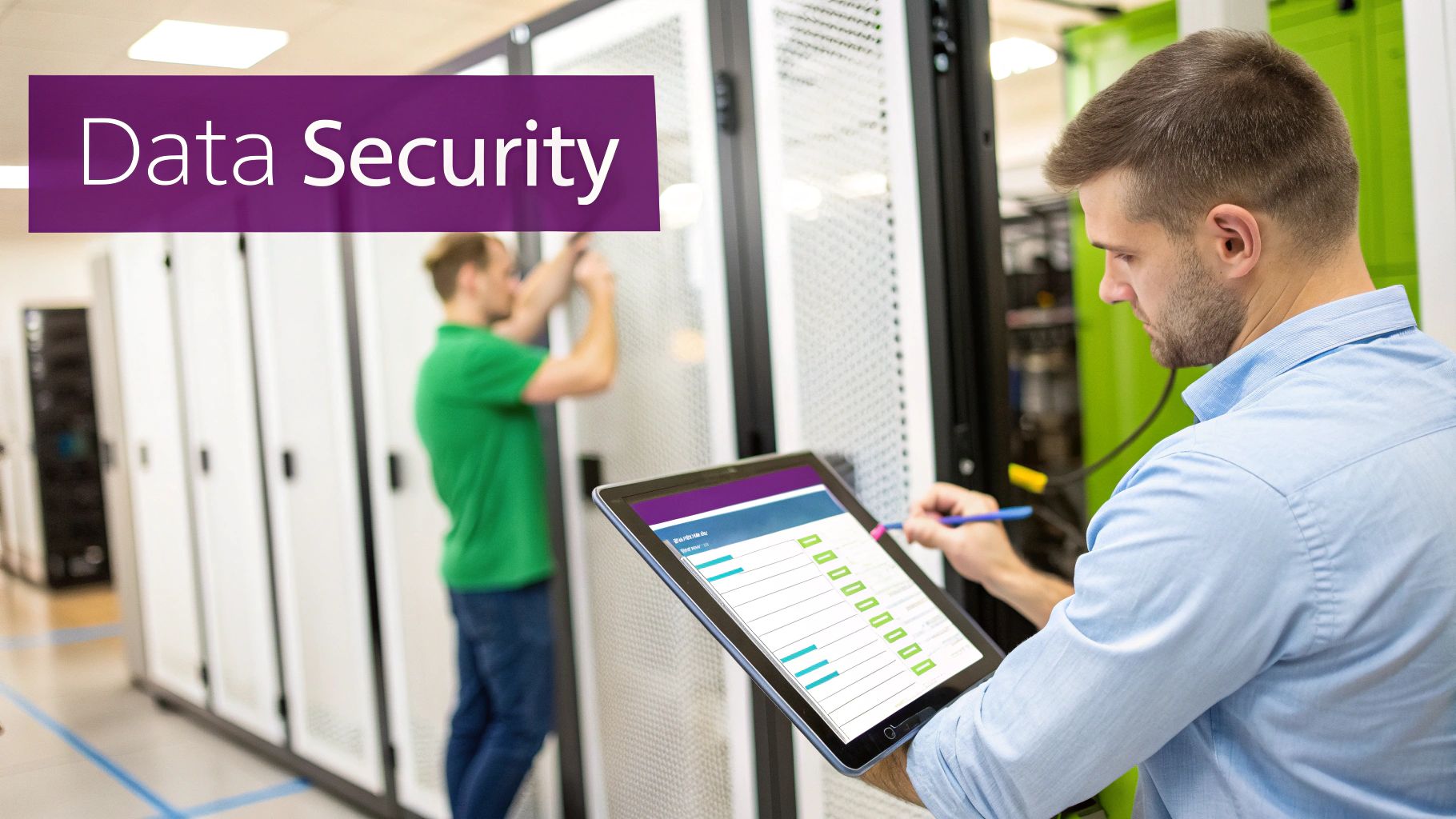 Two IT professionals manage data security in a server room, checking equipment and a tablet.