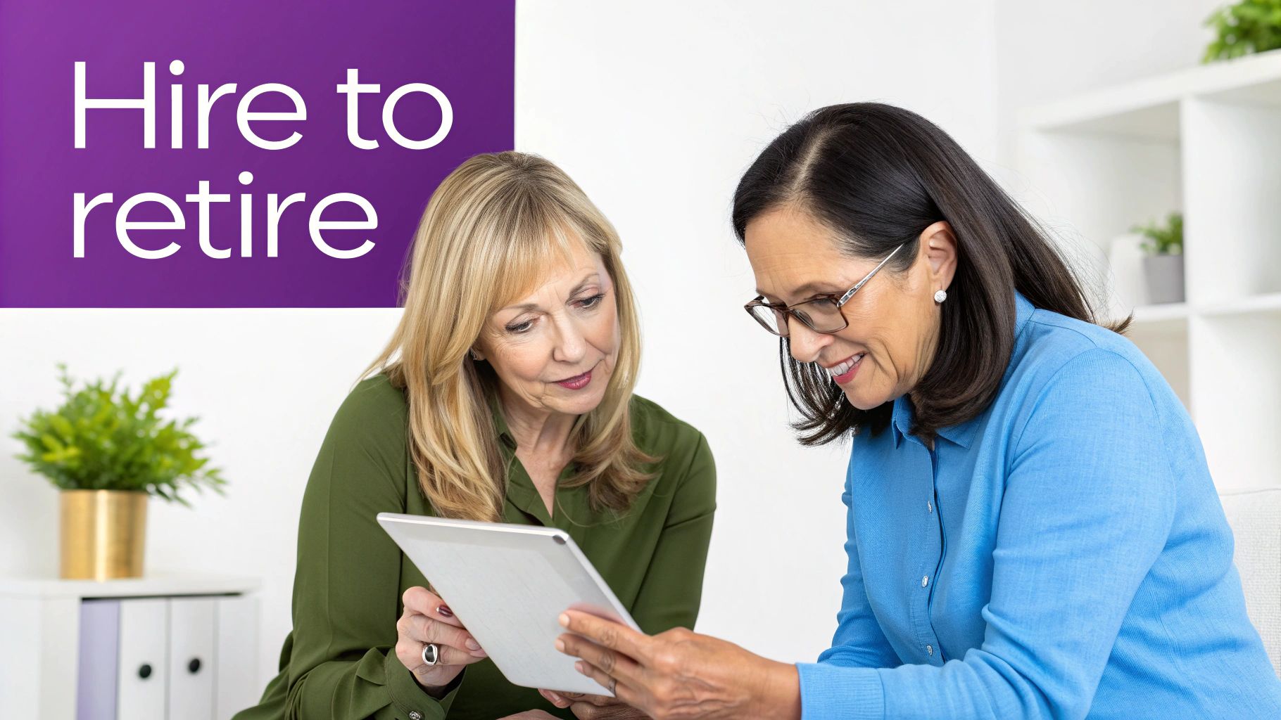 Two professional women discussing retirement planning documents on tablet in modern office setting