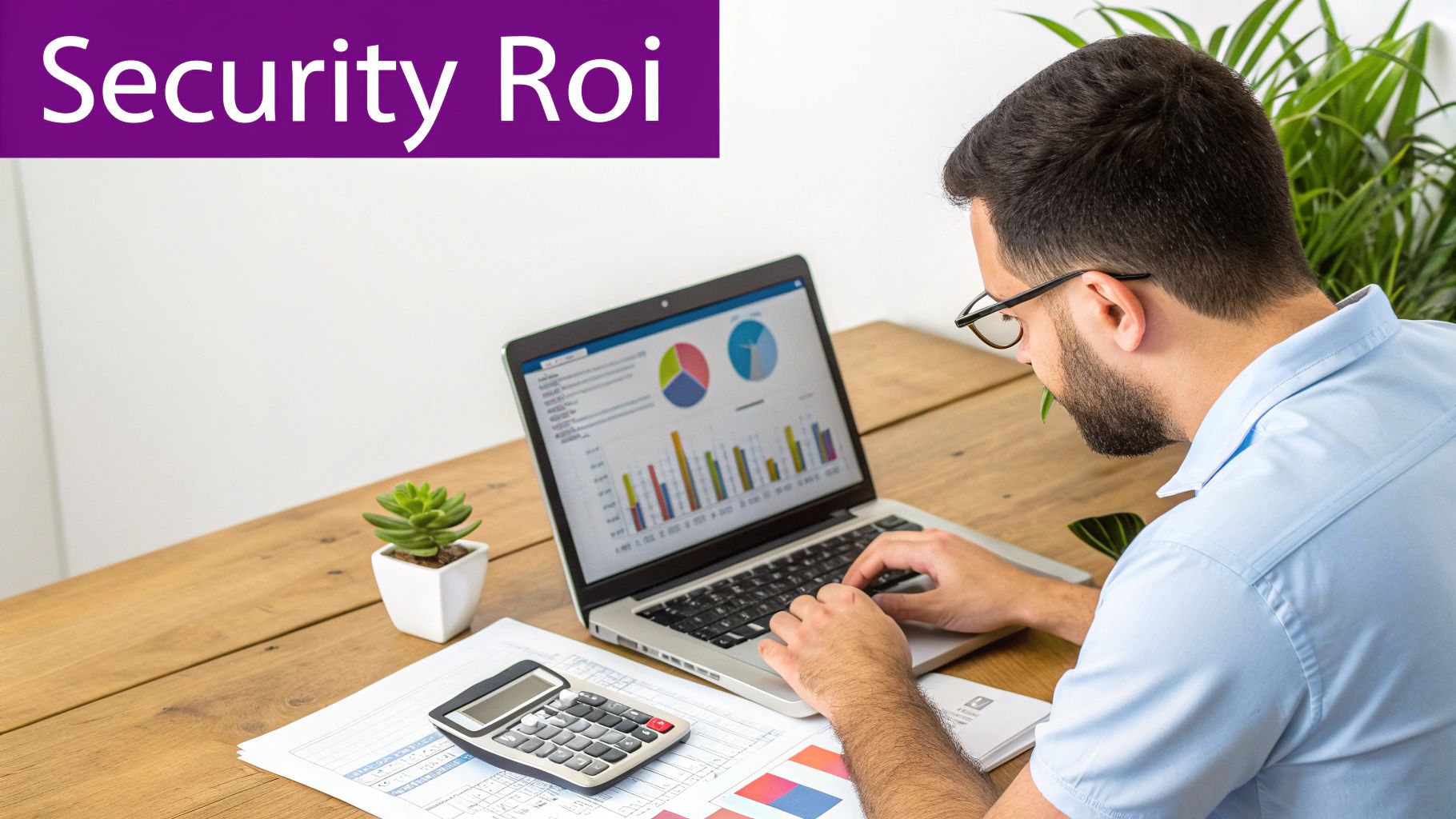 A man calculates security ROI on a laptop displaying charts and graphs, with a calculator nearby.
