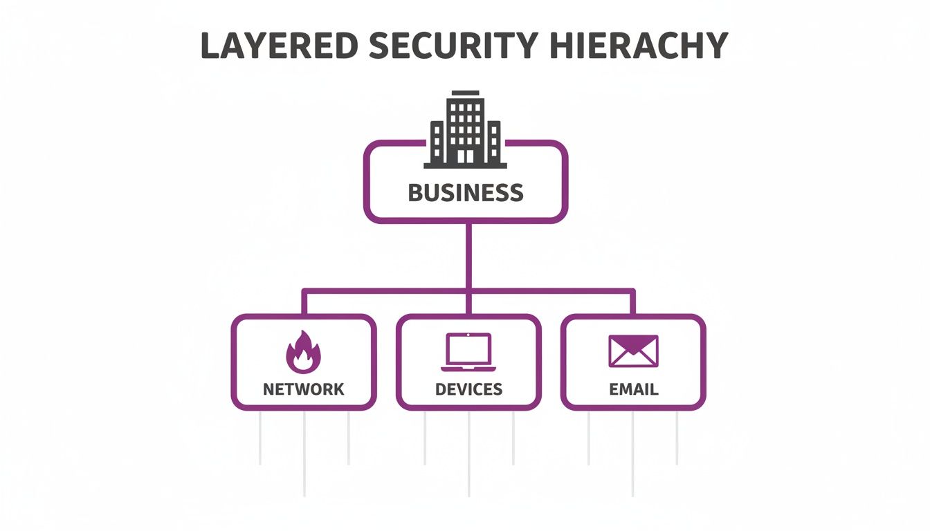 A diagram illustrating a layered security hierarchy with Business at the top, branching to Network, Devices, and Email.
