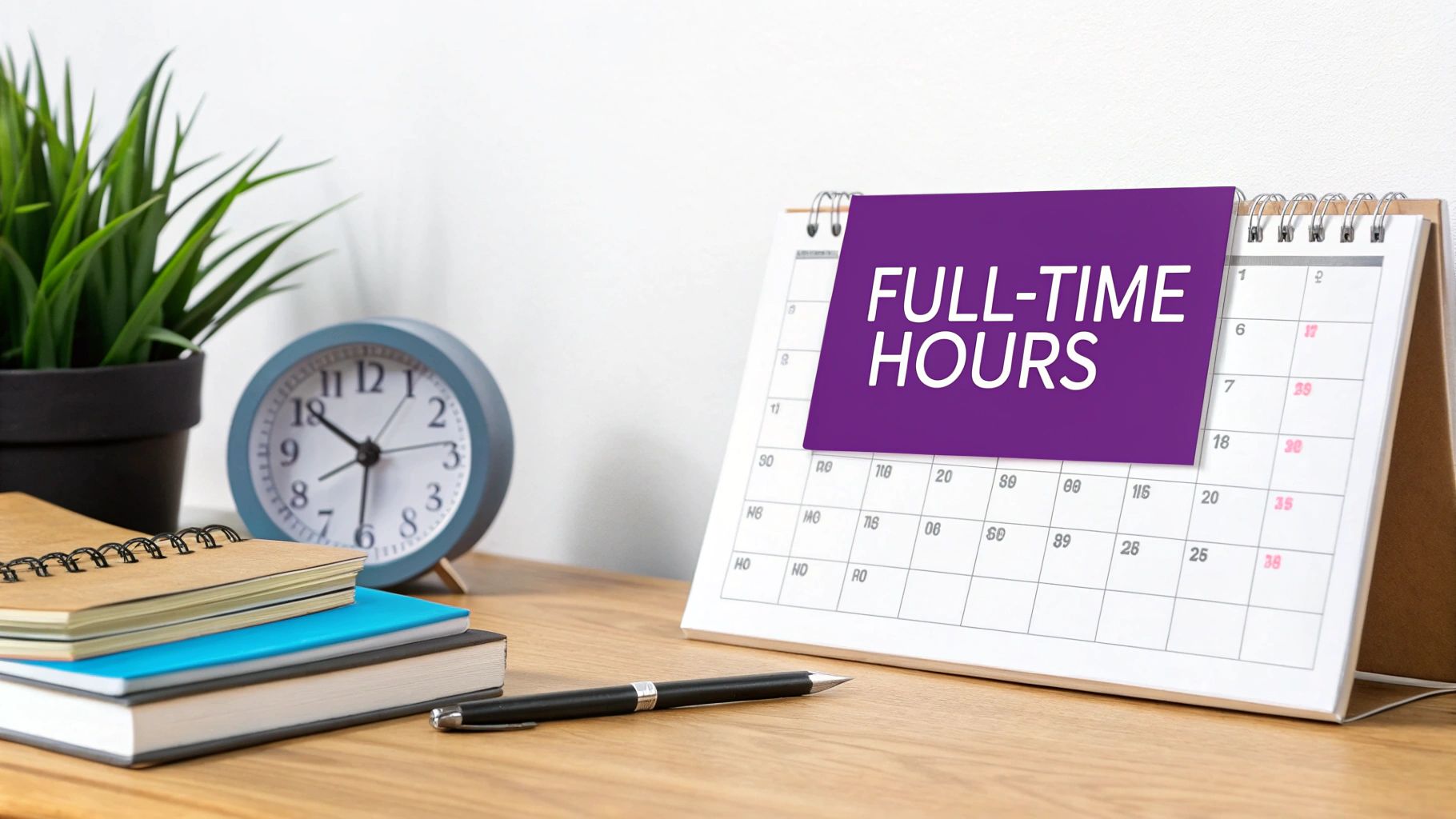 A desk calendar with a purple note saying 'FULL-TIME HOURS' surrounded by office supplies.