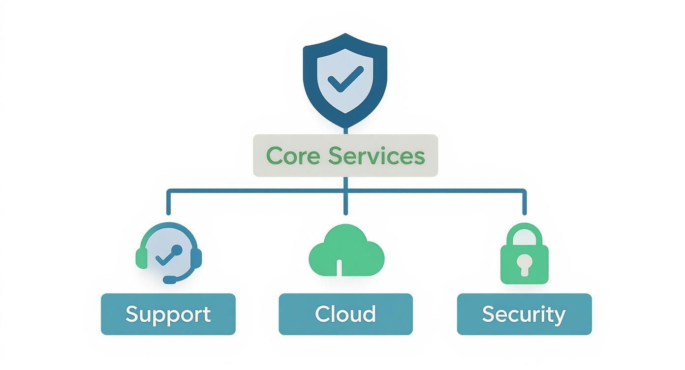 Flowchart illustrating core IT services: Support, Cloud, and Security, depicted with relevant icons.
